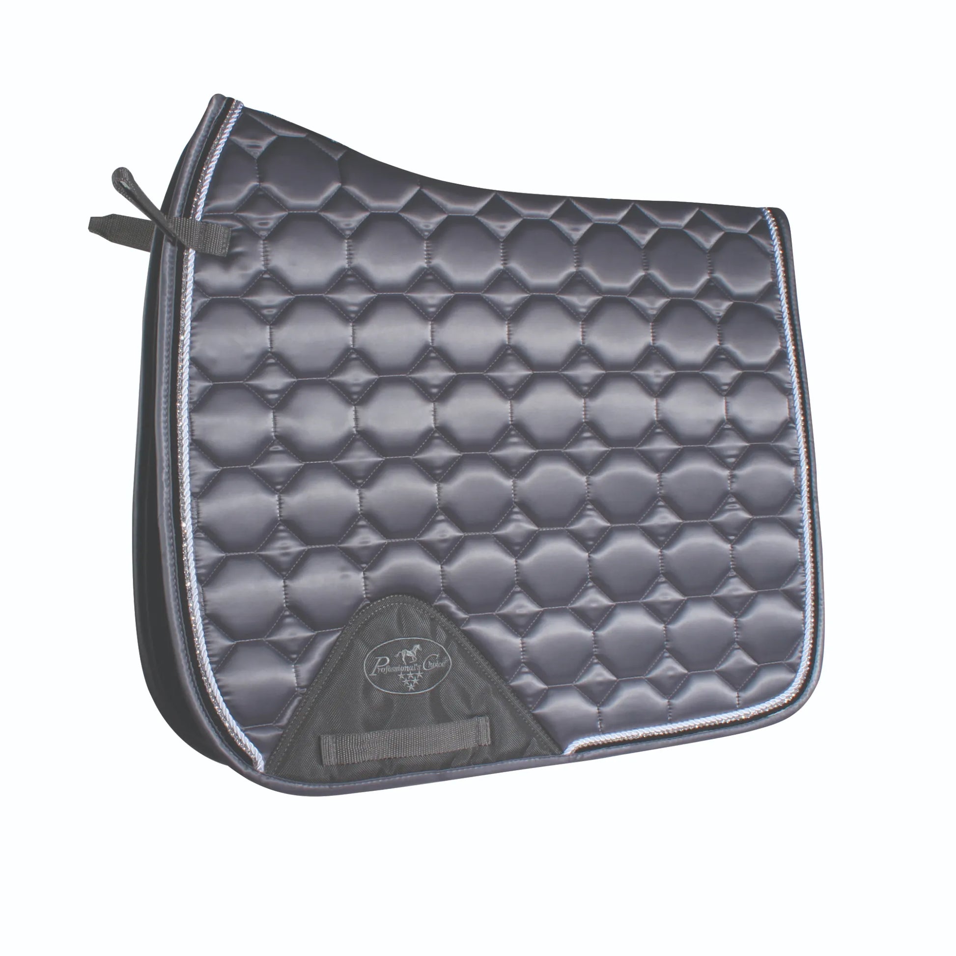 Professional's Choice VenTECH Satin Dressage Saddle Pad in charcoal grey. This elegant equestrian accessory features a quilted hexagonal pattern on shimmering satin fabric with silver metallic piping. Designed for horse comfort with a high wither profile and breathable VenTECH technology. Ideal for dressage training and competition, showing off a sophisticated sheen and professional finish.