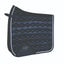 Professional's Choice VenTECH Satin Dressage Saddle Pad in sleek black. Features a luxurious diamond-quilted satin exterior and elegant silver rope piping. This high-quality equestrian pad includes a contoured spine for optimal horse comfort and a reinforced girth patch with the brand logo. A sophisticated choice for dressage training or horse shows, blending breathable performance with a premium show-ring look.