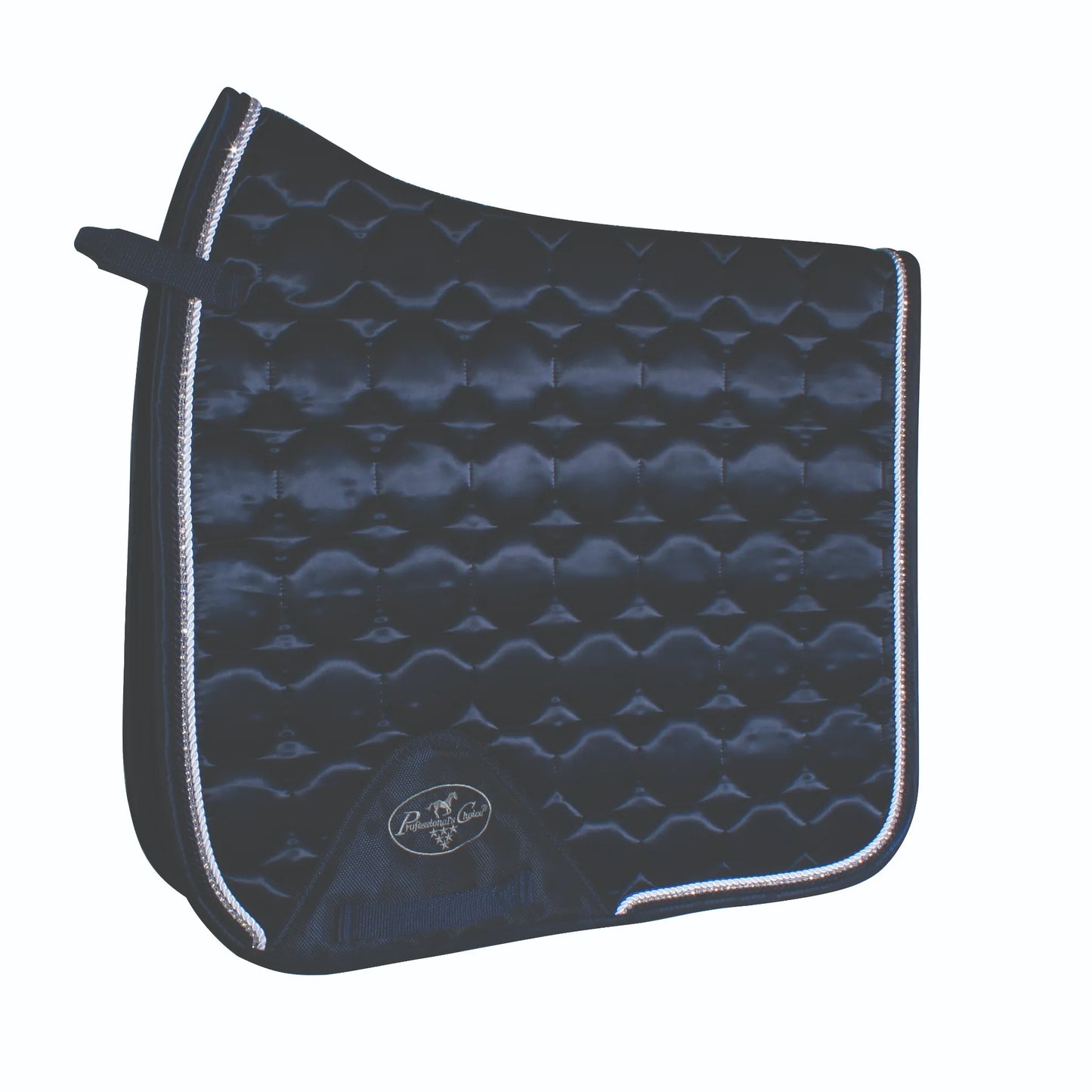 Professional's Choice VenTECH Satin Dressage Saddle Pad in sleek black. Features a luxurious diamond-quilted satin exterior and elegant silver rope piping. This high-quality equestrian pad includes a contoured spine for optimal horse comfort and a reinforced girth patch with the brand logo. A sophisticated choice for dressage training or horse shows, blending breathable performance with a premium show-ring look.