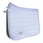 Professional's Choice VenTECH Satin Dressage Saddle Pad in classic white. This elegant equestrian pad features a luxurious satin finish, a unique hexagonal quilting pattern, and shimmering silver rope piping. Designed with a high-wither profile and breathable VenTECH lining for horse comfort and performance. Includes secure billet straps and a girth loop with the signature logo patch, perfect for dressage training or horse show competitions.