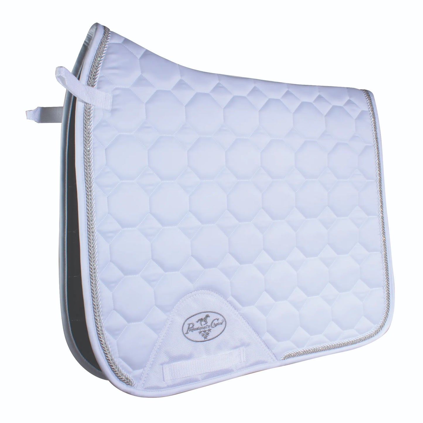 Professional's Choice VenTECH Satin Dressage Saddle Pad in classic white. This elegant equestrian pad features a luxurious satin finish, a unique hexagonal quilting pattern, and shimmering silver rope piping. Designed with a high-wither profile and breathable VenTECH lining for horse comfort and performance. Includes secure billet straps and a girth loop with the signature logo patch, perfect for dressage training or horse show competitions.