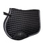 Black Professional's Choice VenTECH Satin English Jump Saddle Pad featuring a luxurious quilted satin finish and elegant silver cord piping. This breathable and non-slip equestrian pad is designed for performance with reinforced girth patches and a contoured fit. Ideal for horse shows or schooling, this stylish black saddle pad combines technical VenTECH lining with a premium look for jumping riders.