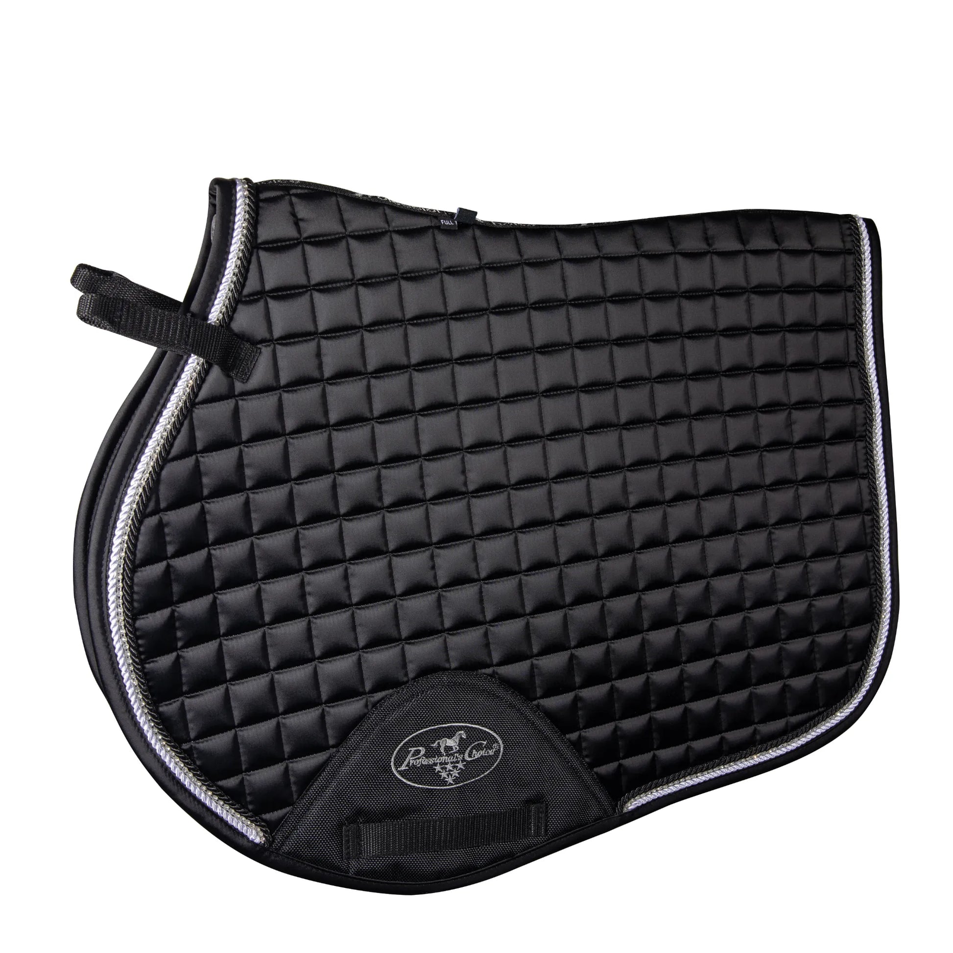 Black Professional's Choice VenTECH Satin English Jump Saddle Pad featuring a luxurious quilted satin finish and elegant silver cord piping. This breathable and non-slip equestrian pad is designed for performance with reinforced girth patches and a contoured fit. Ideal for horse shows or schooling, this stylish black saddle pad combines technical VenTECH lining with a premium look for jumping riders.
