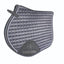 Professional's Choice VenTECH Satin English Jump Saddle Pad in charcoal grey. This premium horse pad features a luxurious quilted satin finish with elegant silver rope piping. Designed for peak performance, it includes a breathable, non-slip lining, reinforced girth patches, and secure D-ring straps. An essential piece of equestrian gear for jumping or schooling, combining high-fashion style with technical functionality for the modern rider.