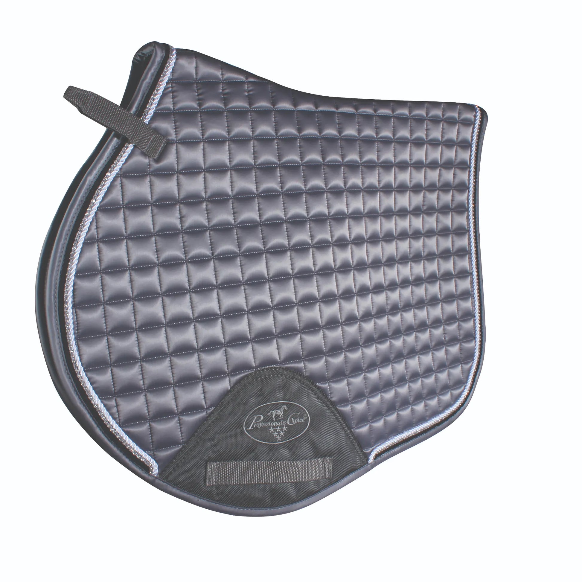 Professional's Choice VenTECH Satin English Jump Saddle Pad in charcoal grey. This premium horse pad features a luxurious quilted satin finish with elegant silver rope piping. Designed for peak performance, it includes a breathable, non-slip lining, reinforced girth patches, and secure D-ring straps. An essential piece of equestrian gear for jumping or schooling, combining high-fashion style with technical functionality for the modern rider.