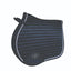 Professional's Choice VenTECH Satin English Jump Saddle Pad in black with elegant silver rope piping. This high-performance equestrian saddle pad features a breathable, non-slip design with a luxury satin quilted finish and a contoured topline for wither clearance. Ideal for jumping and everyday schooling, this stylish pad combines comfort and durability for both horse and rider.