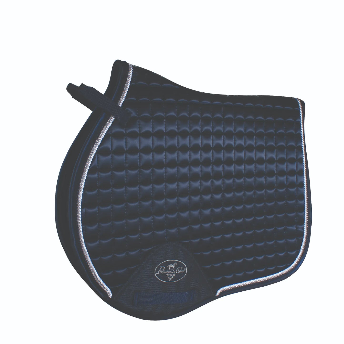 Professional's Choice VenTECH Satin English Jump Saddle Pad in black with elegant silver rope piping. This high-performance equestrian saddle pad features a breathable, non-slip design with a luxury satin quilted finish and a contoured topline for wither clearance. Ideal for jumping and everyday schooling, this stylish pad combines comfort and durability for both horse and rider.