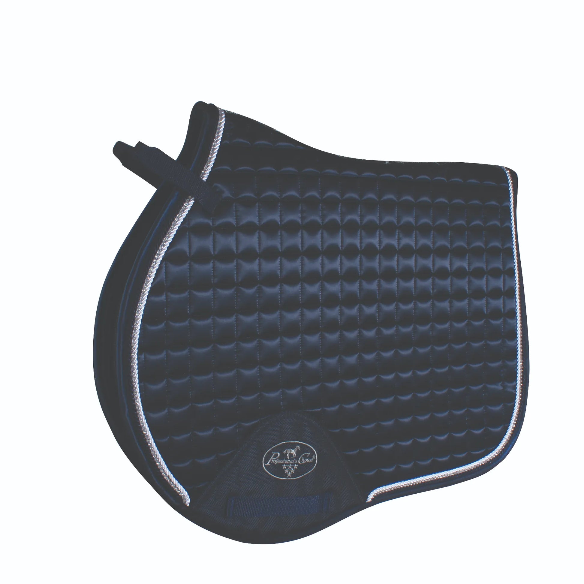 Professional's Choice VenTECH Satin English Jump Saddle Pad in black with elegant silver rope piping. This high-performance equestrian saddle pad features a breathable, non-slip design with a luxury satin quilted finish and a contoured topline for wither clearance. Ideal for jumping and everyday schooling, this stylish pad combines comfort and durability for both horse and rider.
