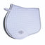 Professional's Choice VenTECH Satin English Jump Saddle Pad in elegant white. This breathable and non-slip equestrian pad features a luxurious satin fabric with small square quilting and a sophisticated silver braided rope trim. Designed for jumping, it includes a contoured spine, reinforced girth patch with brand logo, and secure billet straps. A stylish, high-performance horse saddle pad perfect for the show ring or training.