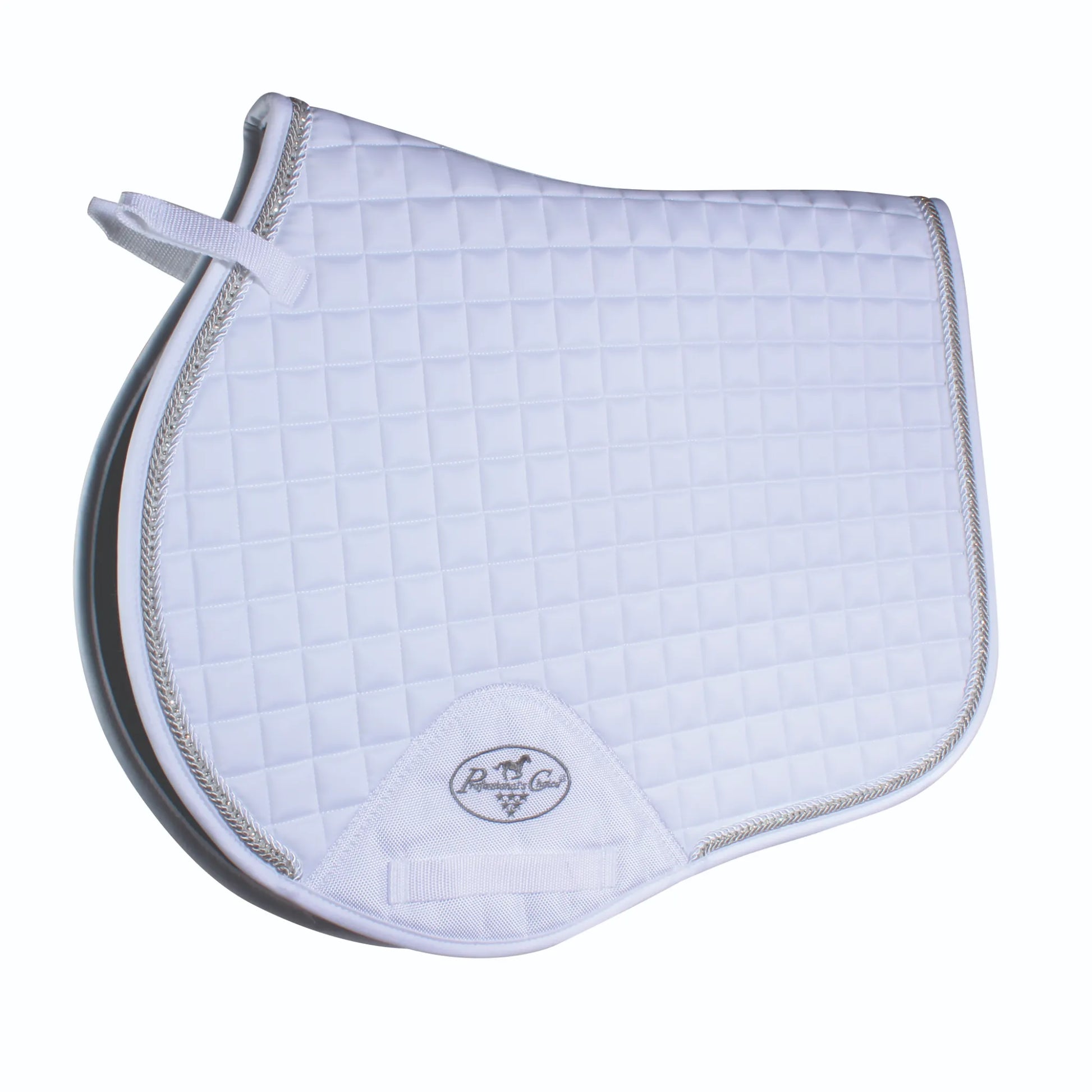 Professional's Choice VenTECH Satin English Jump Saddle Pad in elegant white. This breathable and non-slip equestrian pad features a luxurious satin fabric with small square quilting and a sophisticated silver braided rope trim. Designed for jumping, it includes a contoured spine, reinforced girth patch with brand logo, and secure billet straps. A stylish, high-performance horse saddle pad perfect for the show ring or training.
