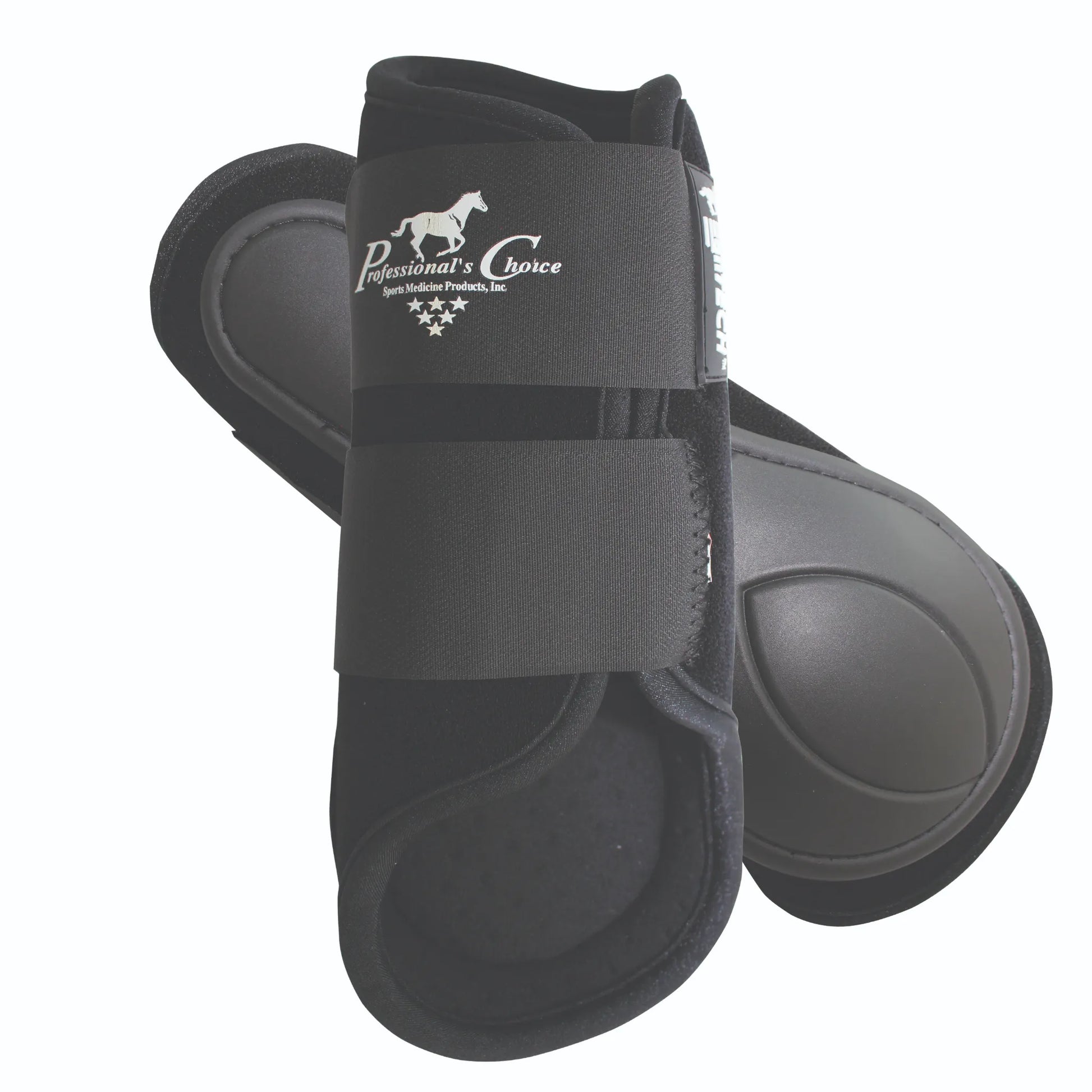 Pair of Professional's Choice VenTECH Splint Boots in black, designed for breathable horse leg protection. Features a durable, contoured inner strike pad and two wide hook-and-loop straps for a secure fit. The ventilated neoprene material ensures maximum airflow during exercise. Essential equestrian gear for daily training, performance, and impact protection.
