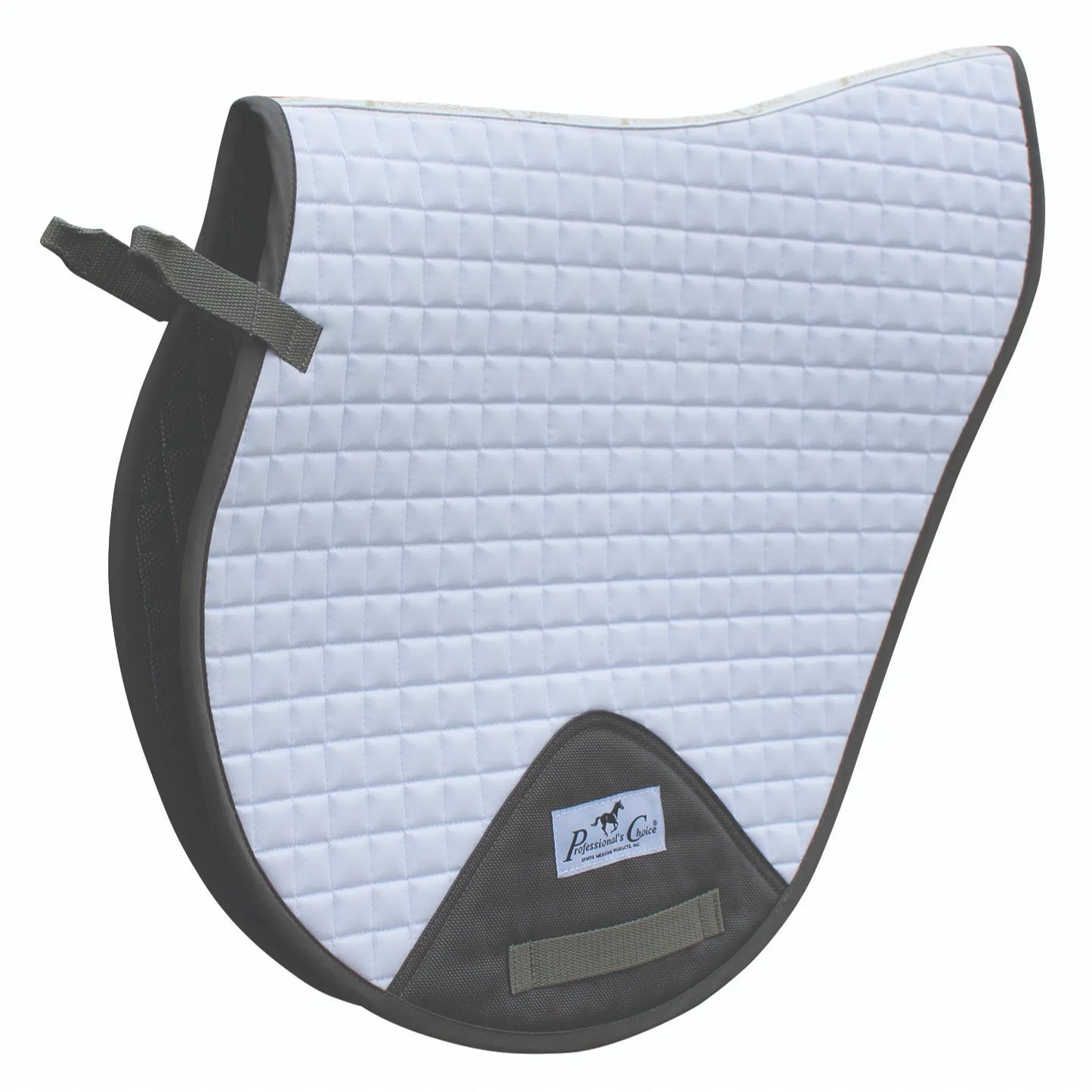 Professional's Choice VenTECH XC Cross Country Saddle Pad in white with charcoal grey trim. This breathable, moisture-wicking 23" x 20" English saddle pad features a quilted texture and contoured spine for a superior fit. Designed for durability and performance, it includes a reinforced girth patch with logo and secure straps to prevent slipping. Perfect for eventing, jumping, and high-intensity equestrian training.