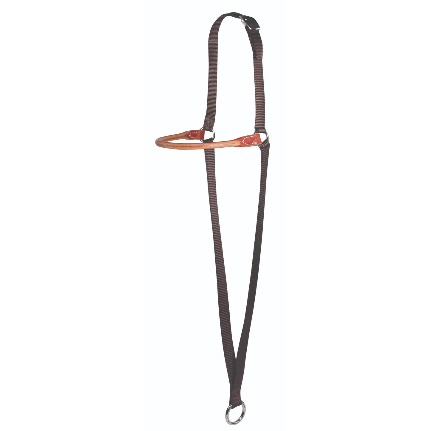 Professional's Choice War Bonnet featuring a rolled leather noseband and durable brown nylon straps. This high-quality horse training aid includes an adjustable crown piece with a silver buckle and stainless steel hardware for secure attachment. Perfect for improving horse performance, balance, and responsiveness, this brown nylon war bonnet is an essential tool for Western trainers and riders looking for effective schooling equipment.
