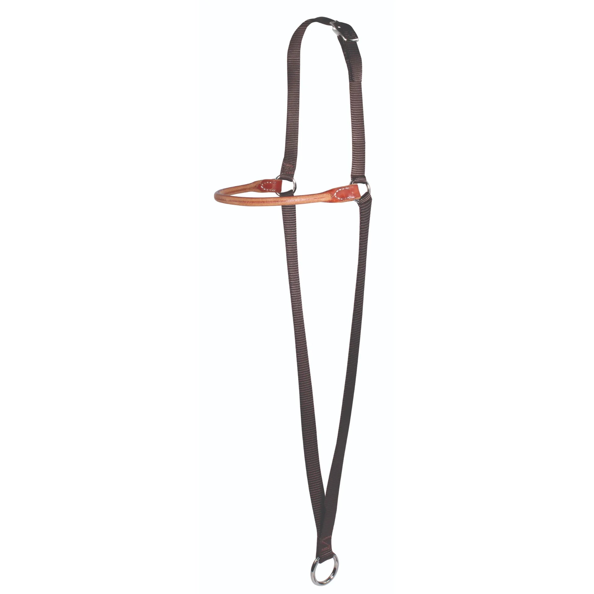 Professional's Choice War Bonnet featuring a rolled leather noseband and durable brown nylon straps. This high-quality horse training aid includes an adjustable crown piece with a silver buckle and stainless steel hardware for secure attachment. Perfect for improving horse performance, balance, and responsiveness, this brown nylon war bonnet is an essential tool for Western trainers and riders looking for effective schooling equipment.