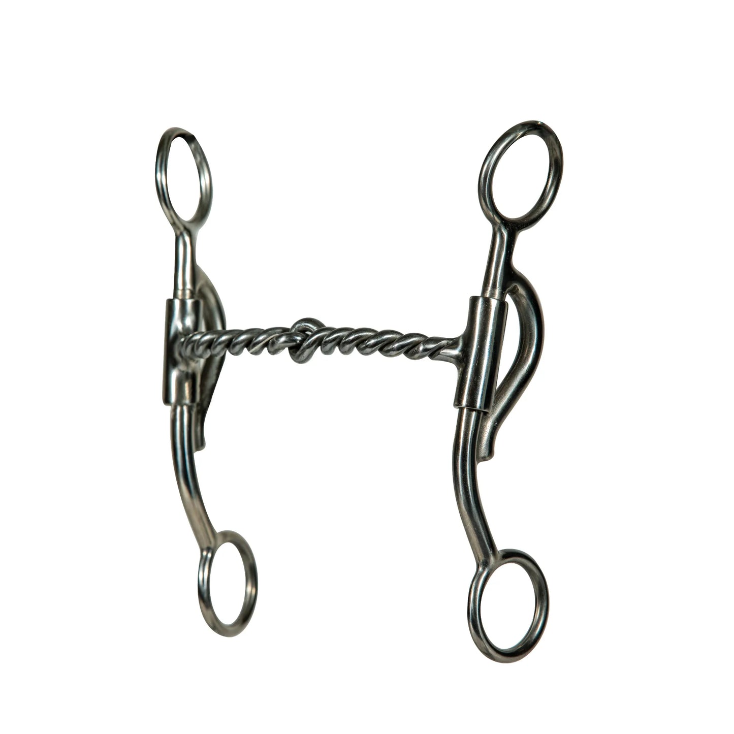 Professional's Choice Yukon Bit Series horse bit with a 5.25-inch twisted wire jointed mouthpiece and 6-inch curved stainless steel shanks. This high-quality western tack features fixed cheeks with loops for bridle and rein attachment, offering precise communication and control. Durable silver-toned equestrian hardware ideal for performance or training, providing a professional and effective tool for horse riders.