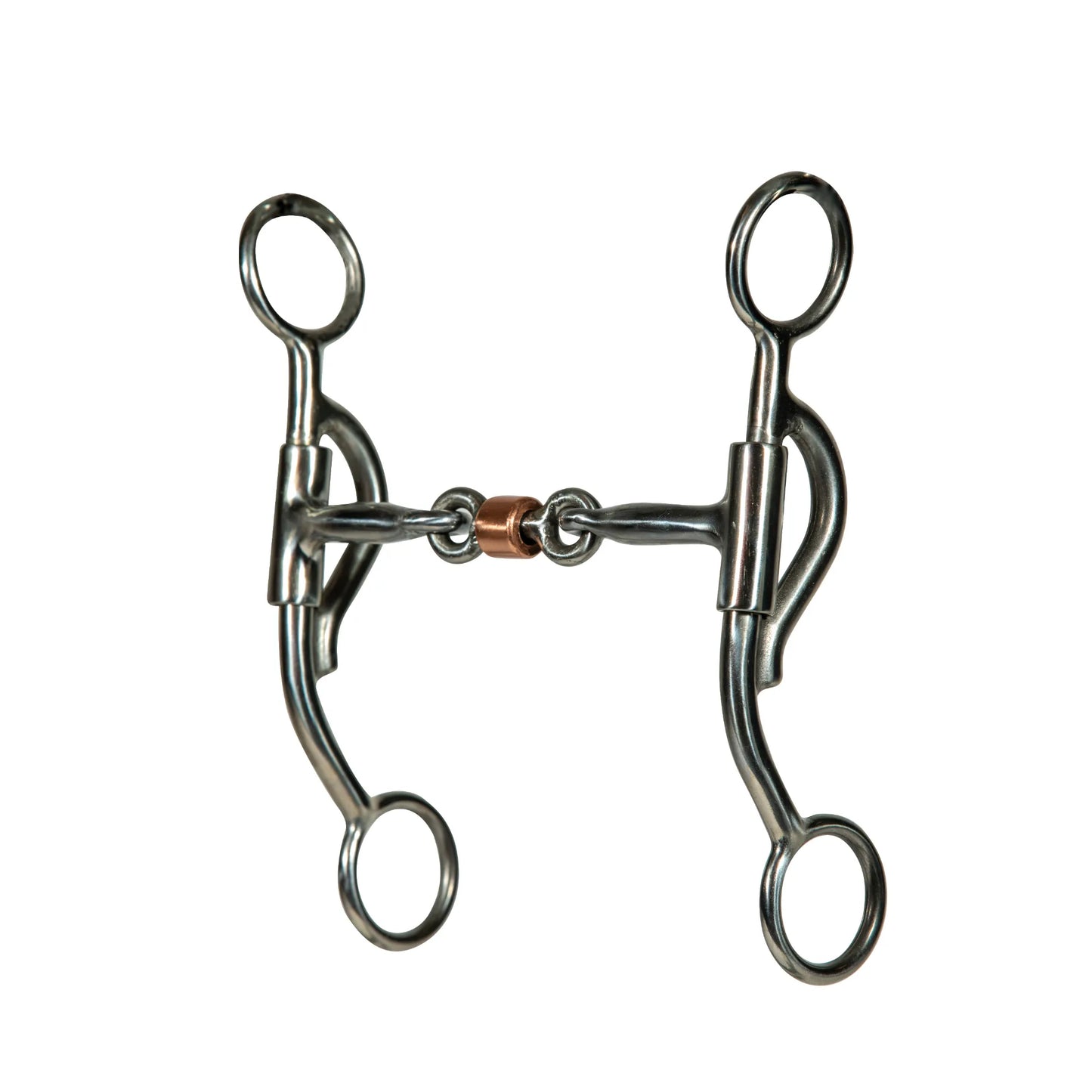 Professional's Choice Yukon Bit Series featuring a 5.25-inch mouth and 6-inch shanks. This stainless steel western horse bit includes a three-piece jointed mouthpiece with a center copper roller to promote salivation and relaxation. Designed with swiveling shanks for independent lateral control, this high-quality equestrian tack is perfect for performance horses and western riding disciplines.