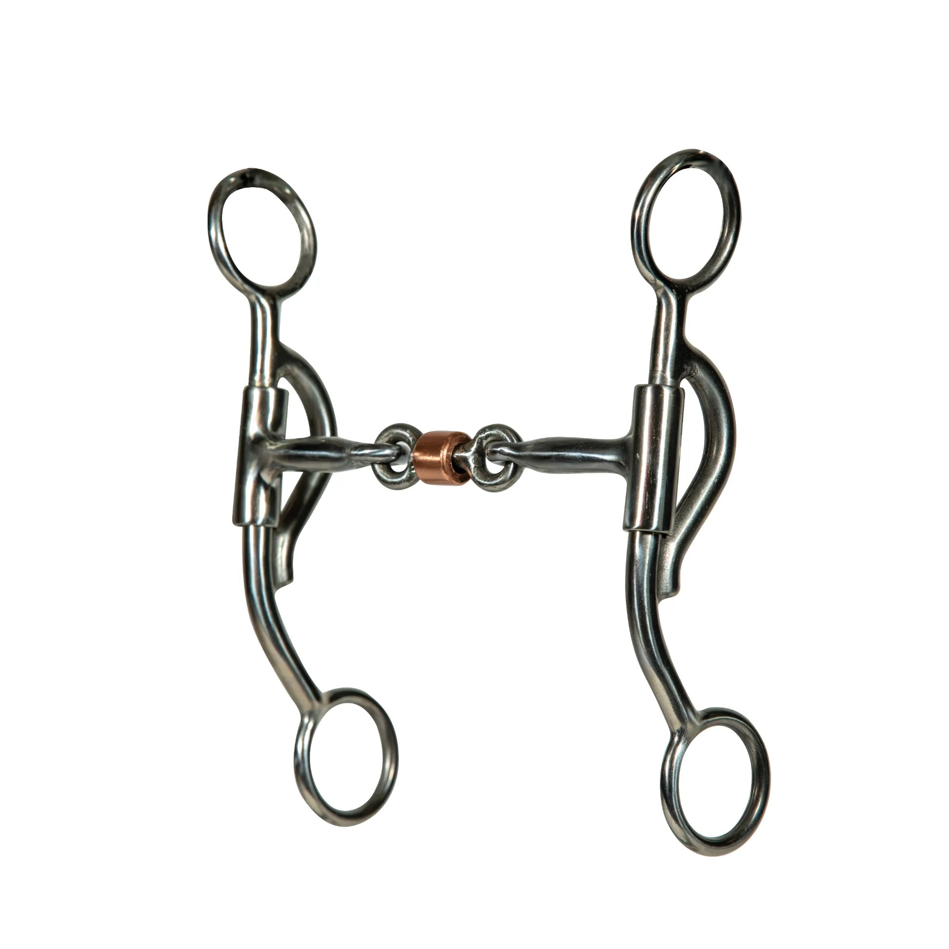 Professional's Choice Yukon Bit Series featuring a 5.25-inch mouth and 6-inch shanks. This stainless steel western horse bit includes a three-piece jointed mouthpiece with a center copper roller to promote salivation and relaxation. Designed with swiveling shanks for independent lateral control, this high-quality equestrian tack is perfect for performance horses and western riding disciplines.
