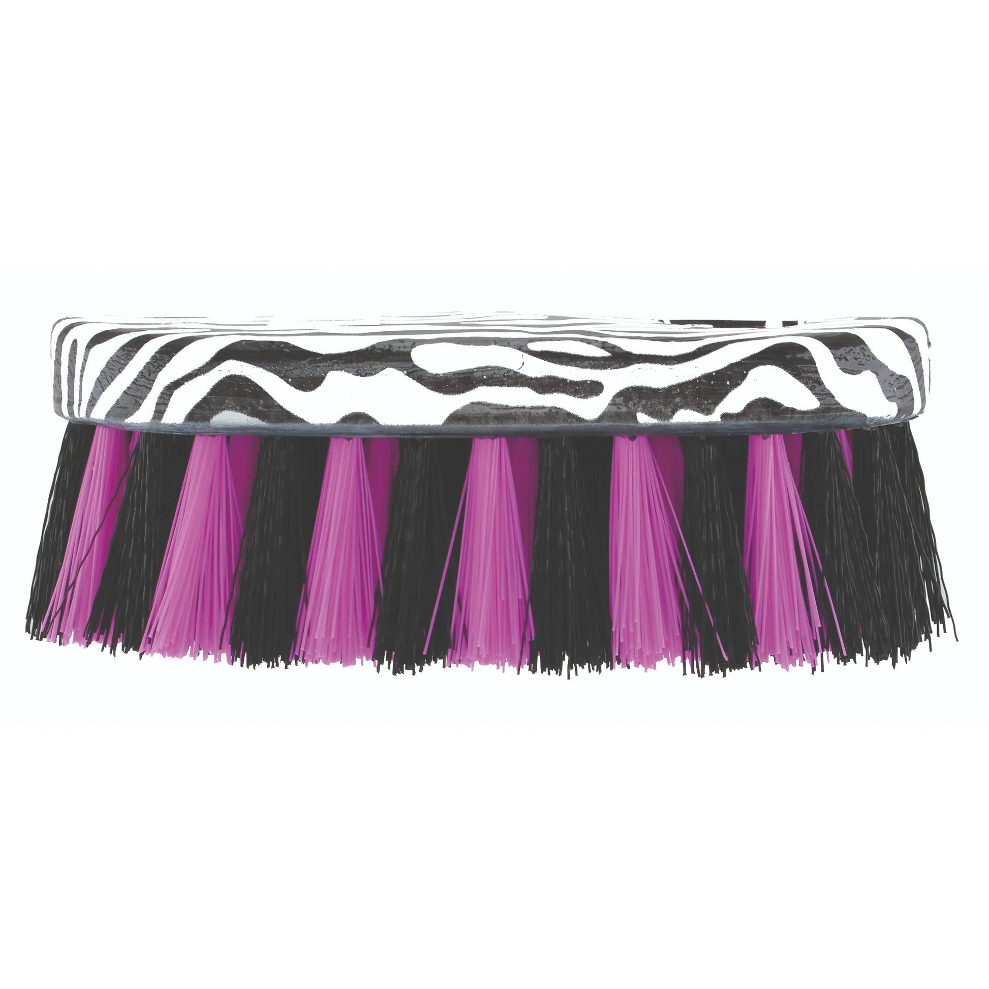 Professional's Choice Zebra Pattern Fun Brush for horse grooming, featuring a stylish black and white zebra print back. This eye-catching equestrian dandy brush is designed with vibrant alternating pink and black synthetic bristles, perfect for removing dirt and mud while adding a pop of color to your grooming kit. A must-have accessory for horse lovers and young riders looking for fun, high-quality stable gear.
