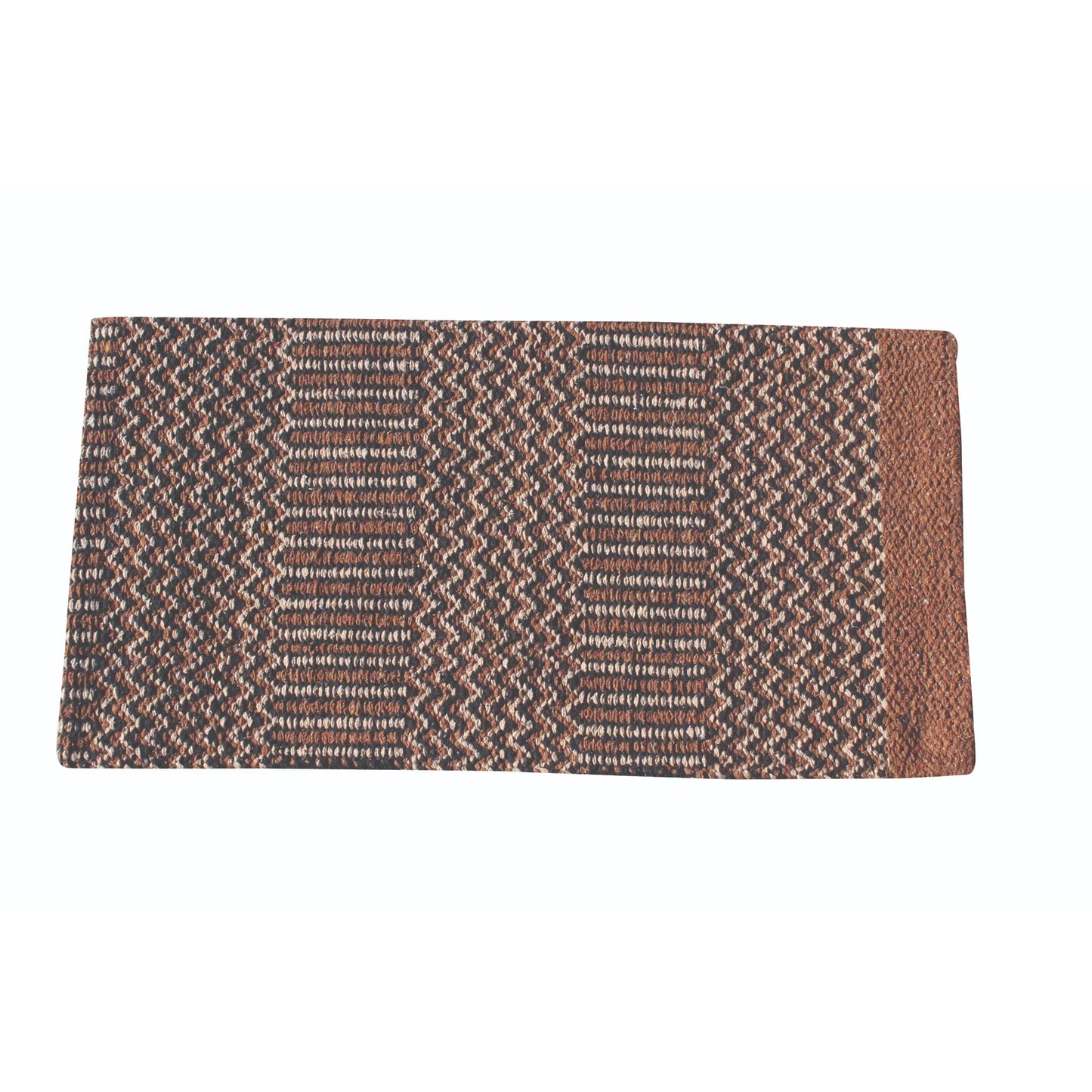 Professional's Choice 32x64 Double Weave saddle blanket featuring an intricate earth-tone geometric Navajo pattern in brown, tan, black, and cream. This high-quality woven horse tack is designed for western riding, offering durability and classic style for shows or trail riding. A premium equestrian accessory perfect for any western saddle setup.