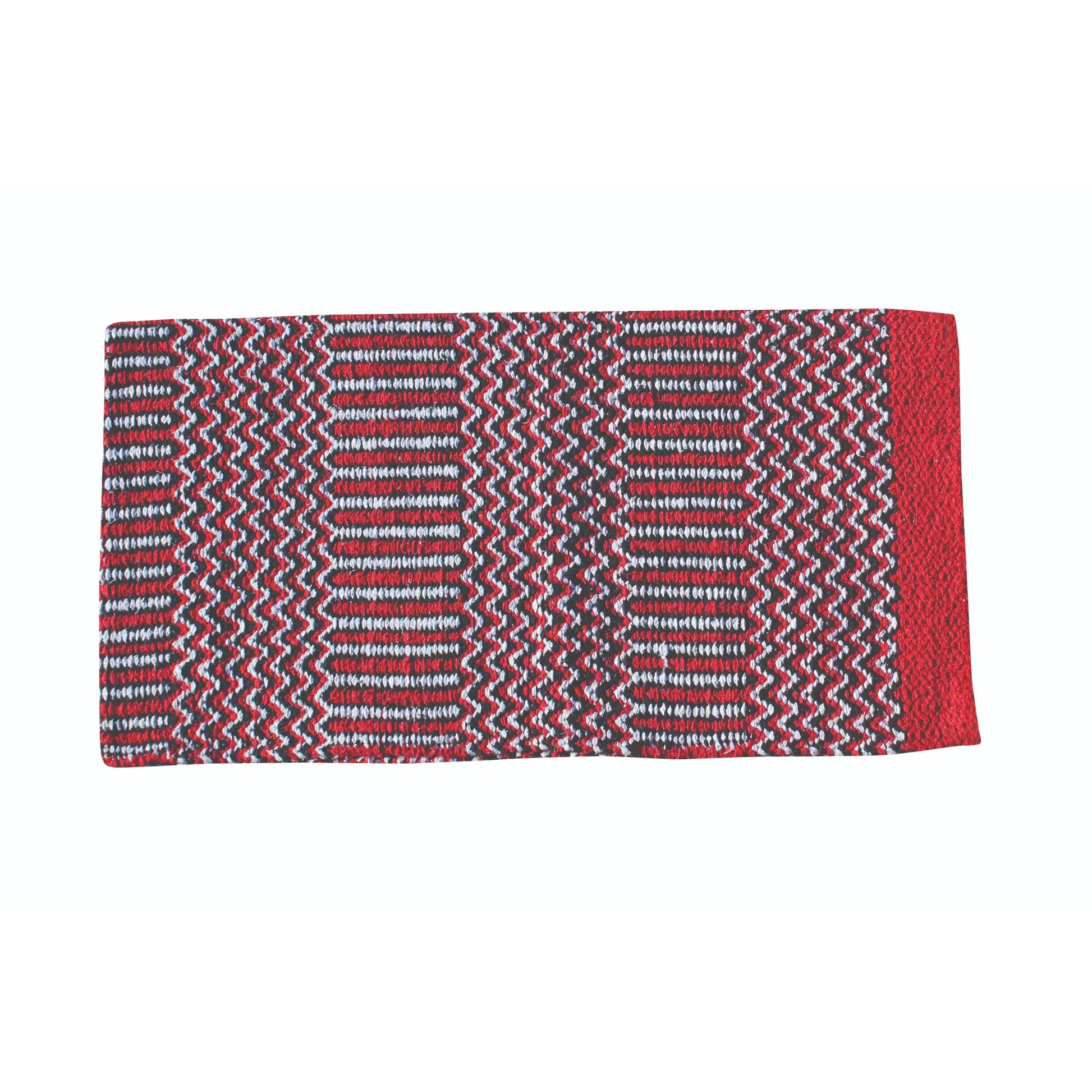 Professionals Choice 32x64 Double Weave Saddle Blanket featuring a bold Southwestern-inspired geometric pattern in red, black, and white. This high-quality horse saddle pad showcases intricate zigzag and striped weaving, offering durability and style for Western riding, shows, or ranch work. The solid red end border adds a classic touch to this essential piece of equestrian tack.