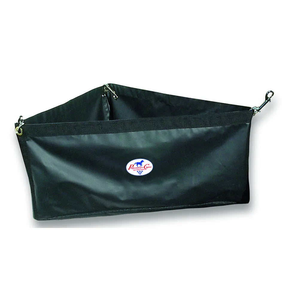 Professional's Choice black equine trailer corner feeder, size 33X26X23X11. This heavy-duty, space-saving hay bag features a triangular design with reinforced edges and sturdy metal snap hooks for easy mounting in any trailer corner. The durable, easy-to-clean synthetic material keeps feed organized and accessible during travel. An essential horse trailer accessory for equestrians seeking a high-quality, portable feeding solution.