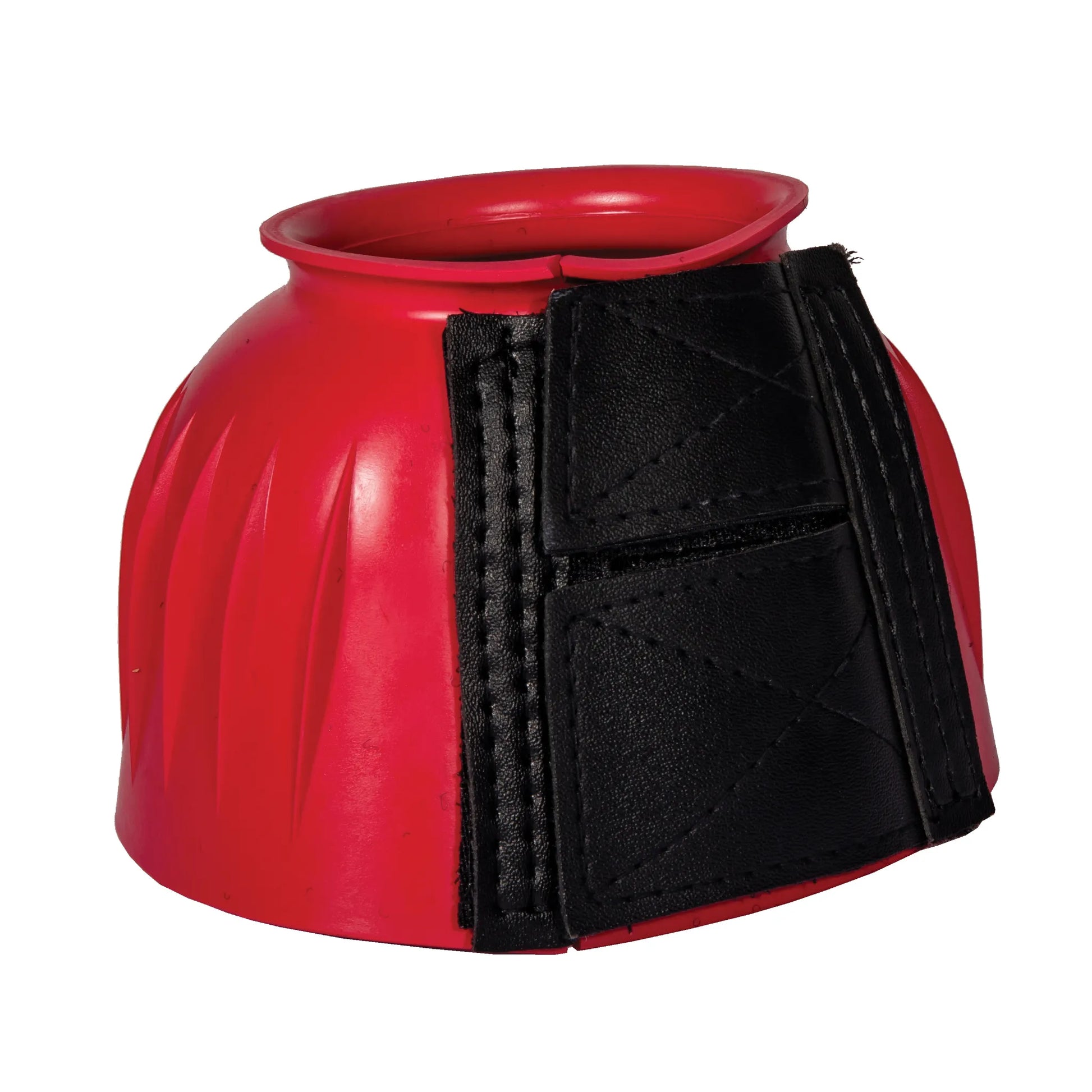 Professional's Choice red rubber bell boot for horses featuring a durable ribbed design and a heavy-duty black double-lock hook and loop closure. These open rubber bell boots provide essential overreach protection and hoof safety for training or performance. A vibrant and reliable choice for equestrian hoof care and injury prevention.