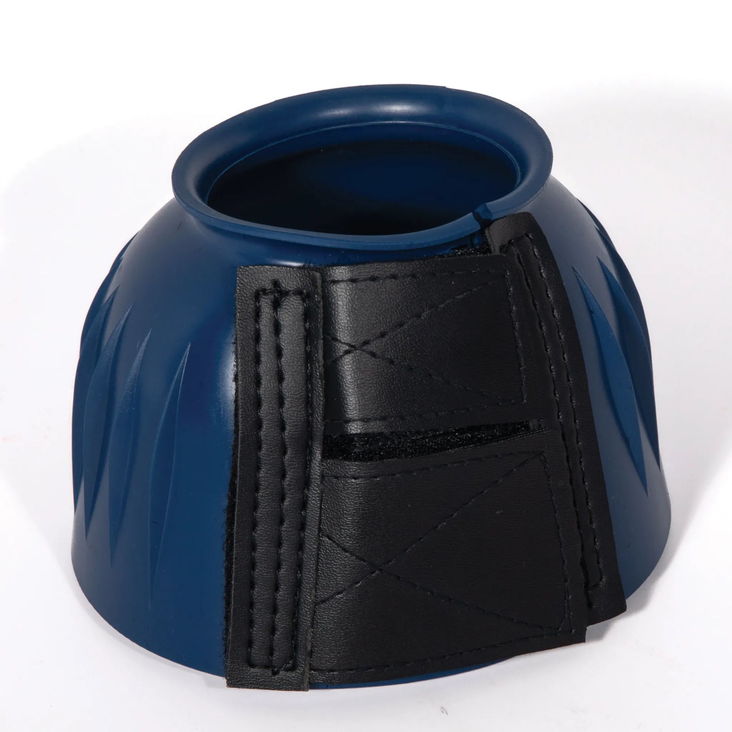 Professional's Choice Navy Blue Rubber Open Bell Boot featuring a durable ribbed exterior and a heavy-duty black double-tab Velcro closure. These equestrian overreach boots provide essential hoof protection against strikes and overreaching. High-quality, secure-fit horse boots designed for performance, training, and turnout. Reliable and stylish equestrian equipment for superior hoof care and horse health.