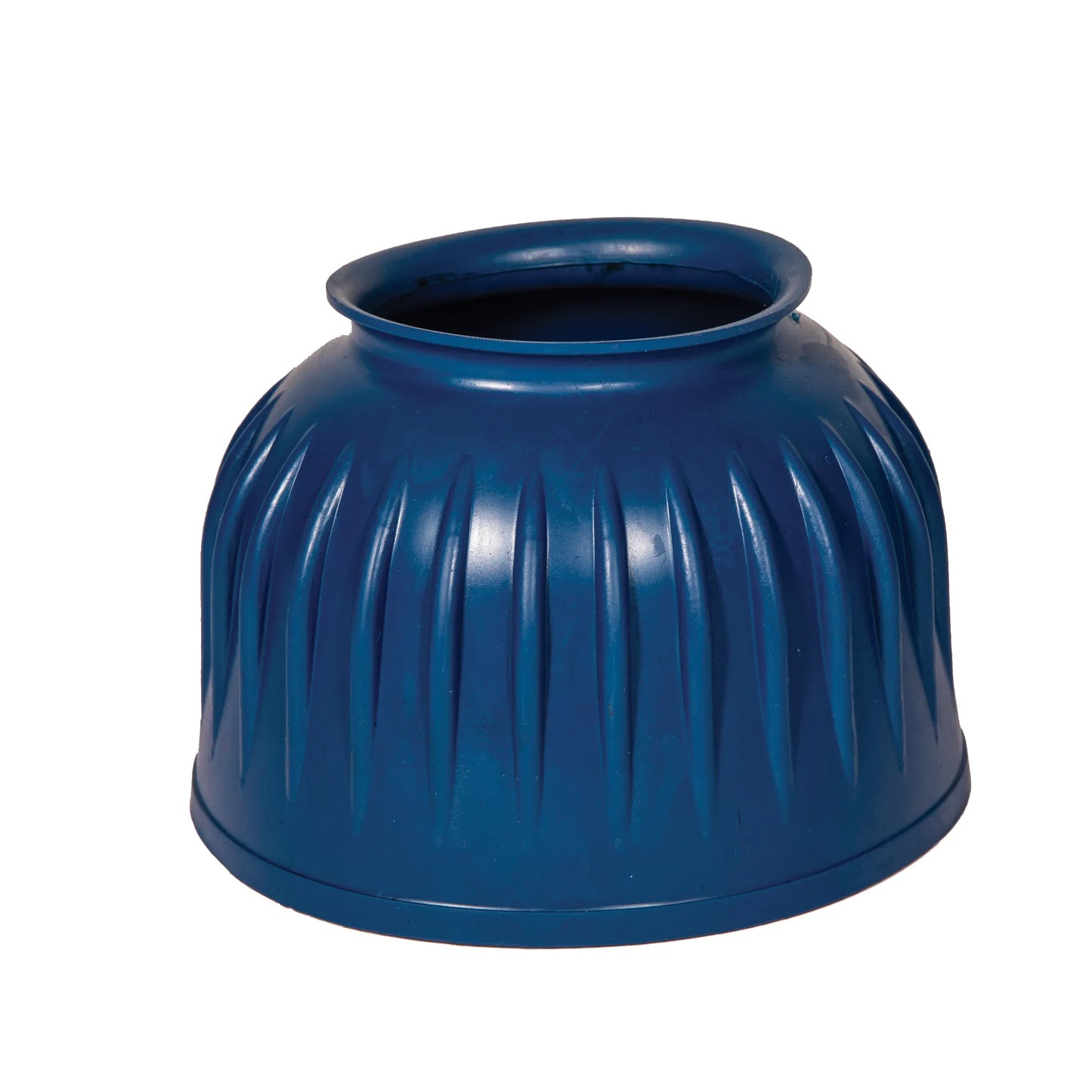 Professionals Choice pull-on rubber bell boot in deep blue. This durable equestrian hoof protection features a classic ribbed design for impact resistance. Crafted from heavy-duty, flexible rubber with a rolled top edge to prevent chafing, it offers full coverage for the horse's coronary band and hoof. Ideal for training or turnout, these high-quality blue bell boots are a staple for any horse owner seeking reliable, long-lasting performance.