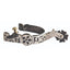 Professional’s Choice Brittany Silver Floral Spur for Western riding. This ornate equestrian accessory features intricate silver hand-engraved floral patterns on a blackened steel band and curved shank. Designed with a dark rowel and silver button, these high-quality spurs provide a stylish, professional look for horse showing or everyday trail riding. Elegant and durable silver floral Western spurs for riders.