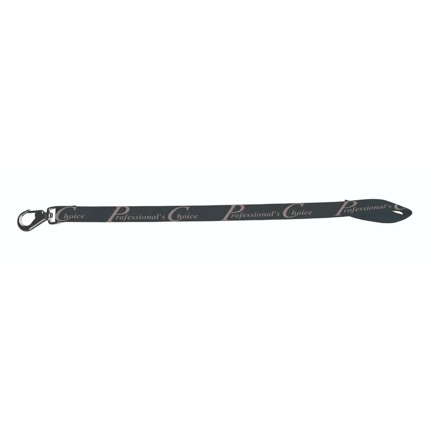 Professional's Choice Black Horse Bucket Strap featuring a repeating logo on durable nylon webbing. This secure equestrian stable accessory includes a heavy-duty metal snap hook and adjustable loop, designed for hanging water or feed buckets in stalls and trailers. Versatile and reliable horse gear perfect for everyday stable use, horse shows, or travel.