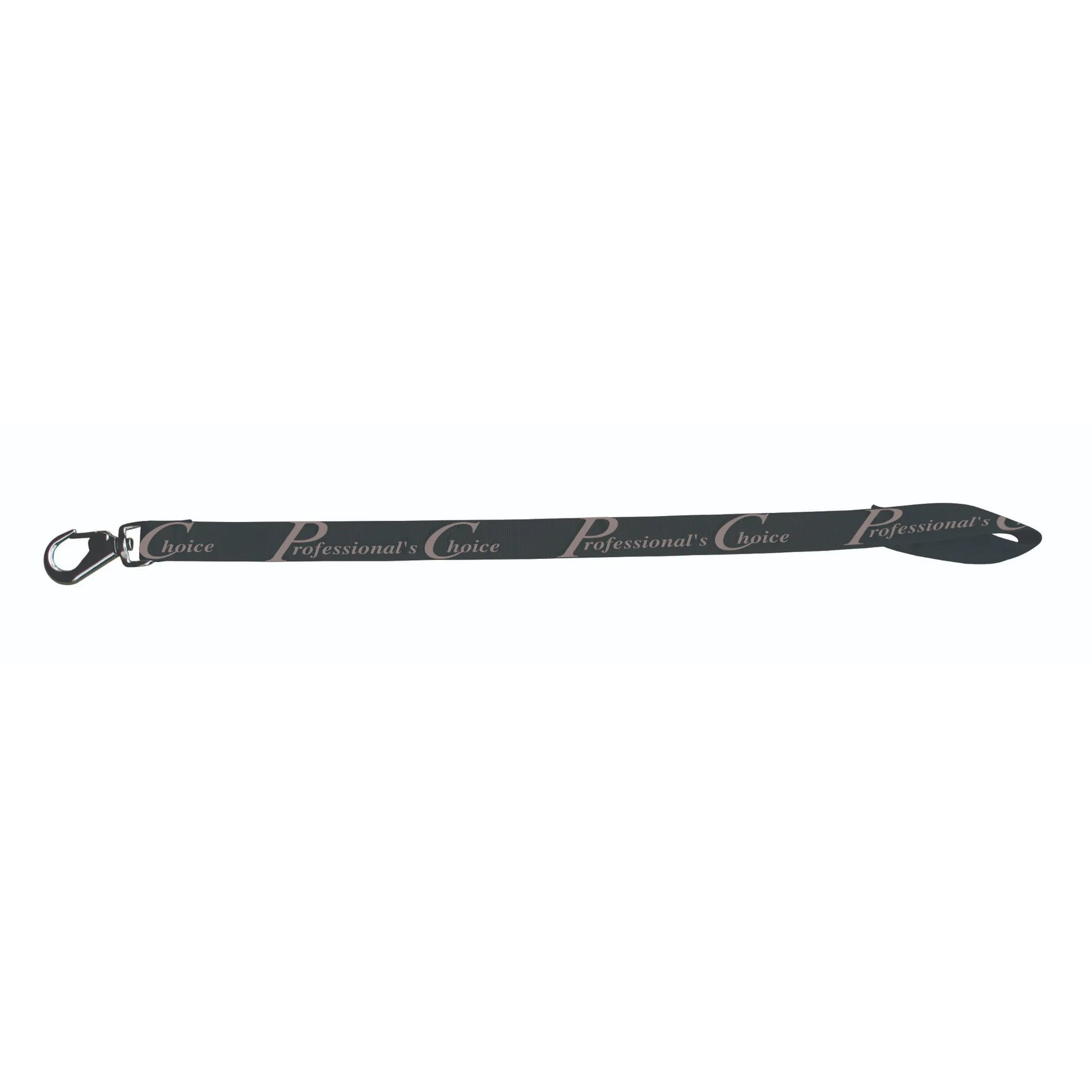 Professional's Choice Black Horse Bucket Strap featuring a repeating logo on durable nylon webbing. This secure equestrian stable accessory includes a heavy-duty metal snap hook and adjustable loop, designed for hanging water or feed buckets in stalls and trailers. Versatile and reliable horse gear perfect for everyday stable use, horse shows, or travel.
