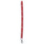 Red Professional's Choice bucket strap with repeating white logo text. This heavy-duty horse stable accessory features a secure silver snap hook and top loop for easy attachment to fence rails or stalls. Ideal for hanging water and feed buckets, this versatile equestrian gear ensures safety and convenience in the barn or trailer. Durable red nylon strap for reliable horse care.