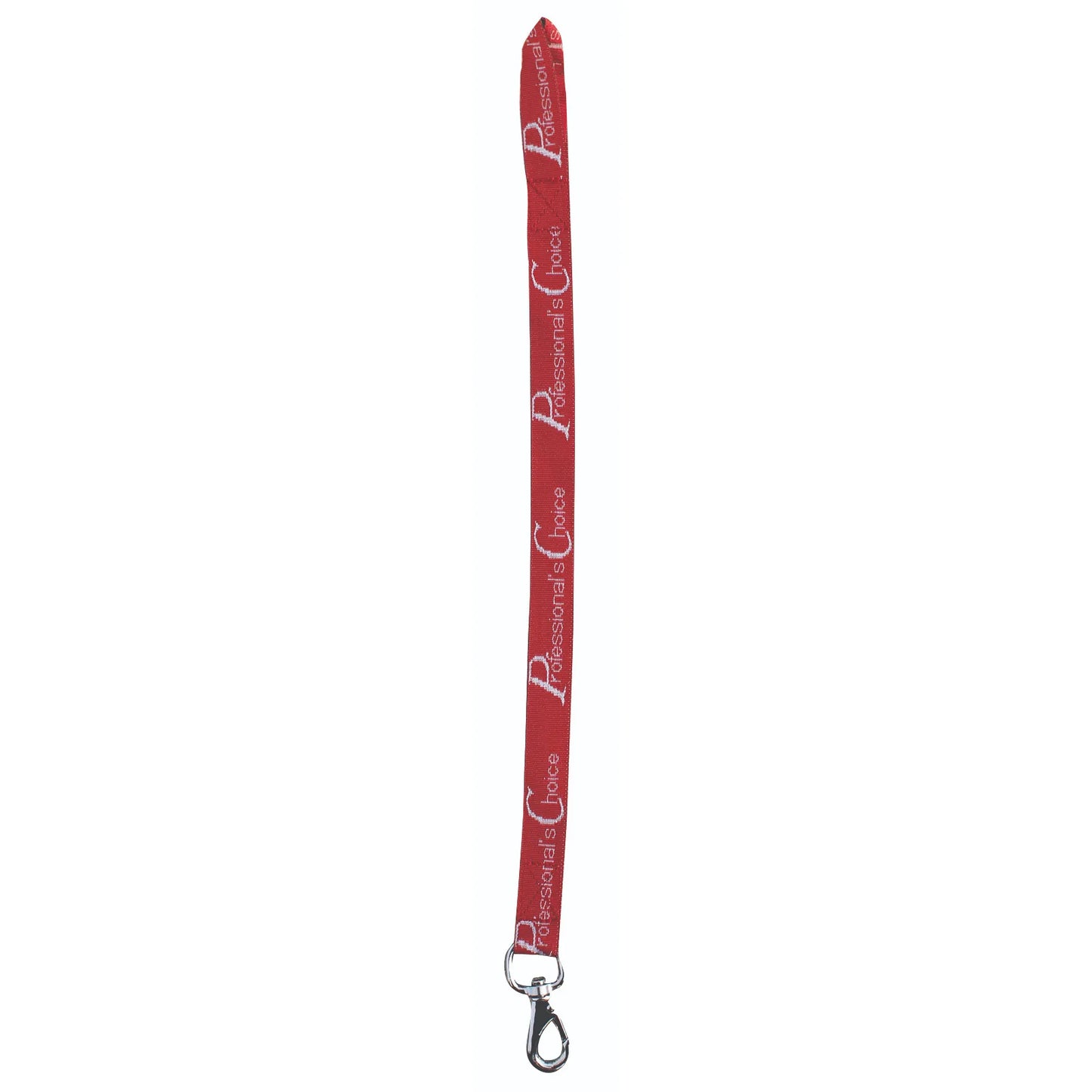 Red Professional's Choice bucket strap with repeating white logo text. This heavy-duty horse stable accessory features a secure silver snap hook and top loop for easy attachment to fence rails or stalls. Ideal for hanging water and feed buckets, this versatile equestrian gear ensures safety and convenience in the barn or trailer. Durable red nylon strap for reliable horse care.