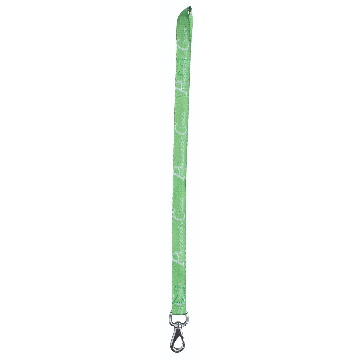 Lime green Professional's Choice Bucket Strap featuring the brand name in a repeated white logo print. This durable equestrian accessory includes a sturdy silver metal trigger snap hook at one end and a loop at the other for versatile use in horse stalls or trailers. Ideal for securely hanging water buckets, feed bags, or hay nets, this vibrant lime green strap is a must-have for organized horse care and barn management.