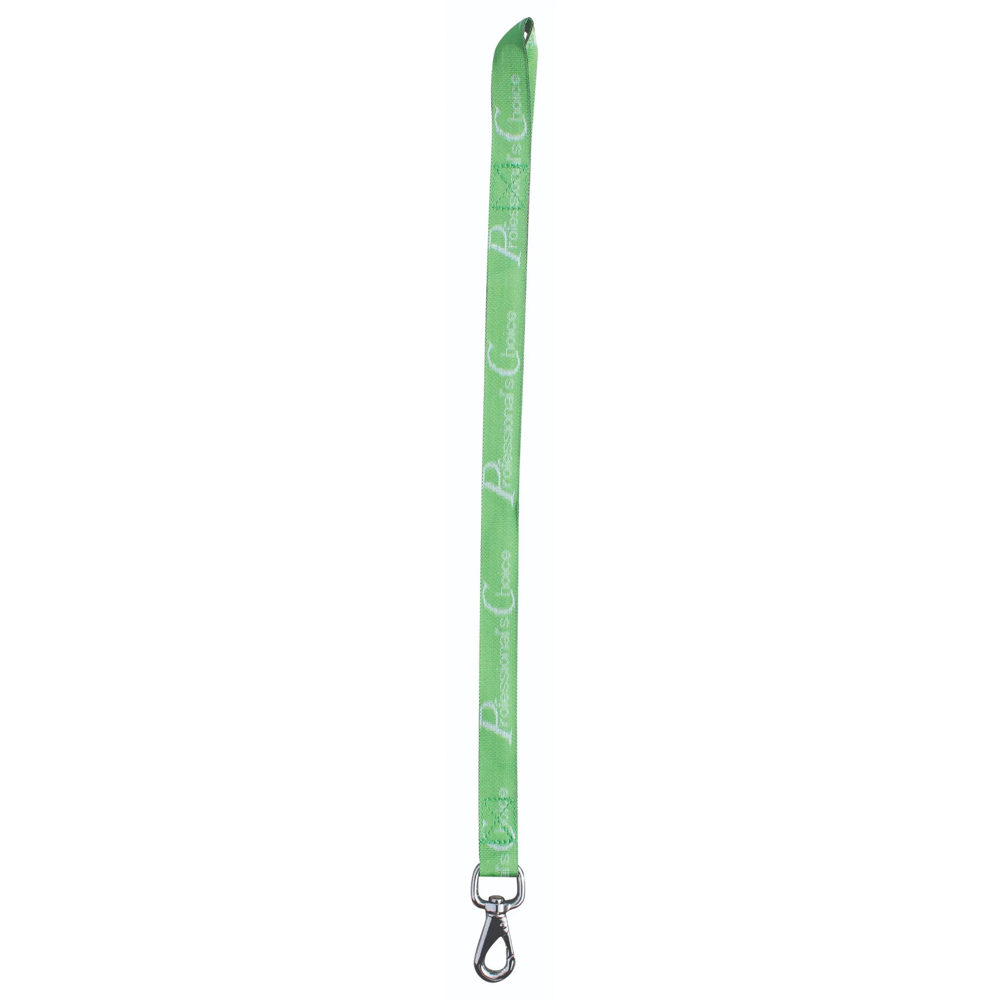 Lime green Professional's Choice Bucket Strap featuring the brand name in a repeated white logo print. This durable equestrian accessory includes a sturdy silver metal trigger snap hook at one end and a loop at the other for versatile use in horse stalls or trailers. Ideal for securely hanging water buckets, feed bags, or hay nets, this vibrant lime green strap is a must-have for organized horse care and barn management.