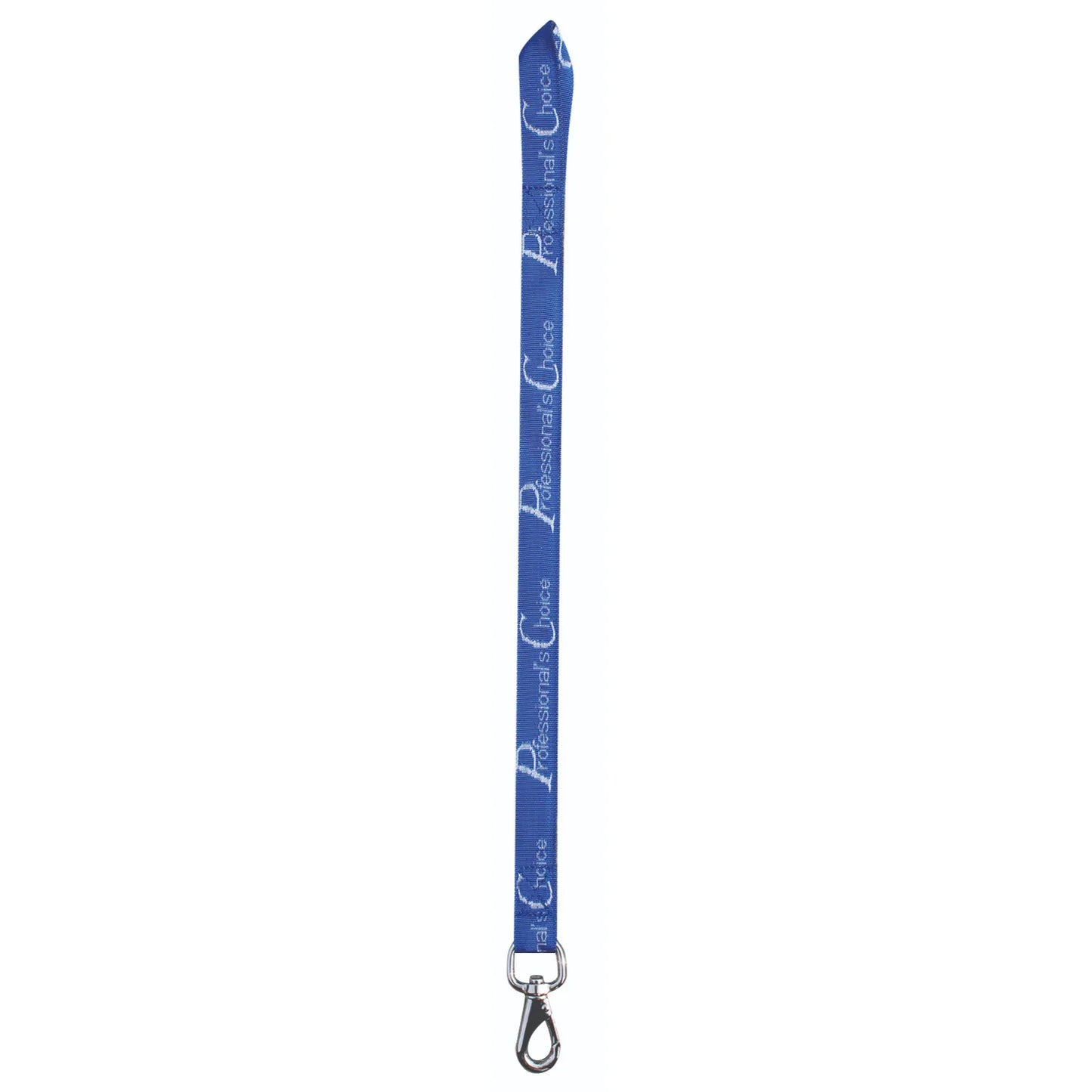 Professional's Choice Bucket Strap in royal blue, featuring durable nylon webbing with the brand logo and a sturdy silver swivel snap hook. This essential horse stall accessory is perfect for securely hanging water and feed buckets in stables or trailers. A versatile and reliable equestrian gear item for organized horse care and secure bucket placement.