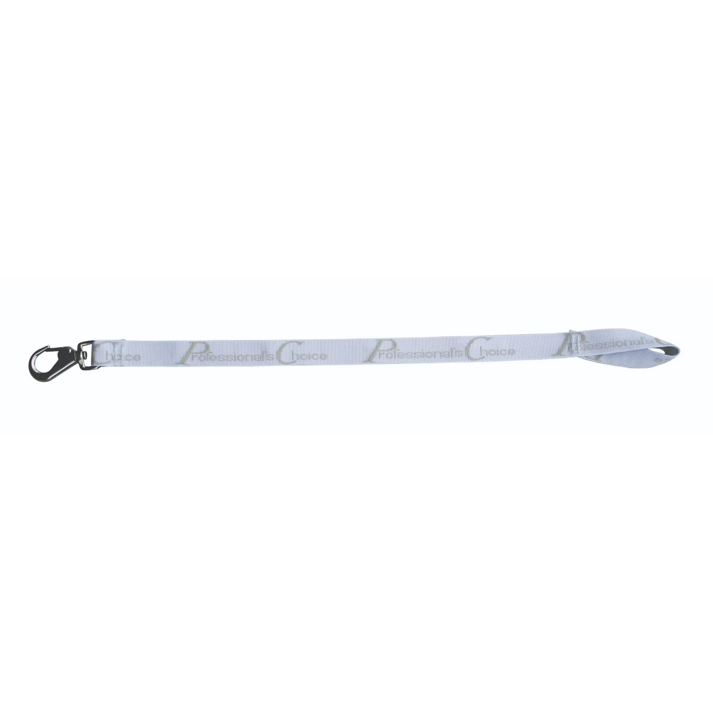 Professional's Choice Silver Bucket Strap featuring a durable nylon design with a sturdy metal trigger snap hook and a looped handle. This versatile equestrian accessory is perfect for securely hanging water and feed buckets in horse stalls, trailers, or at shows. The strap is decorated with the Professional's Choice logo, making it a stylish and practical addition to any horse grooming kit.