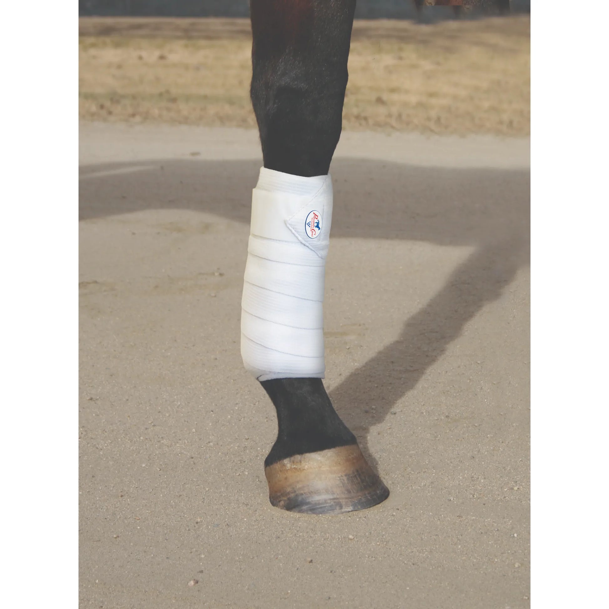 Professionals Choice white Combo Bandages wrapped securely on a horse’s lower leg for support and protection. These equestrian leg wraps feature a clean, athletic design with the recognizable Professional's Choice logo, providing both polo wrap comfort and track bandage durability. Perfect for athletic training or daily exercise, these wraps ensure impact protection on any terrain. Ideal for riders looking for high-performance horse leg care and professional gear.