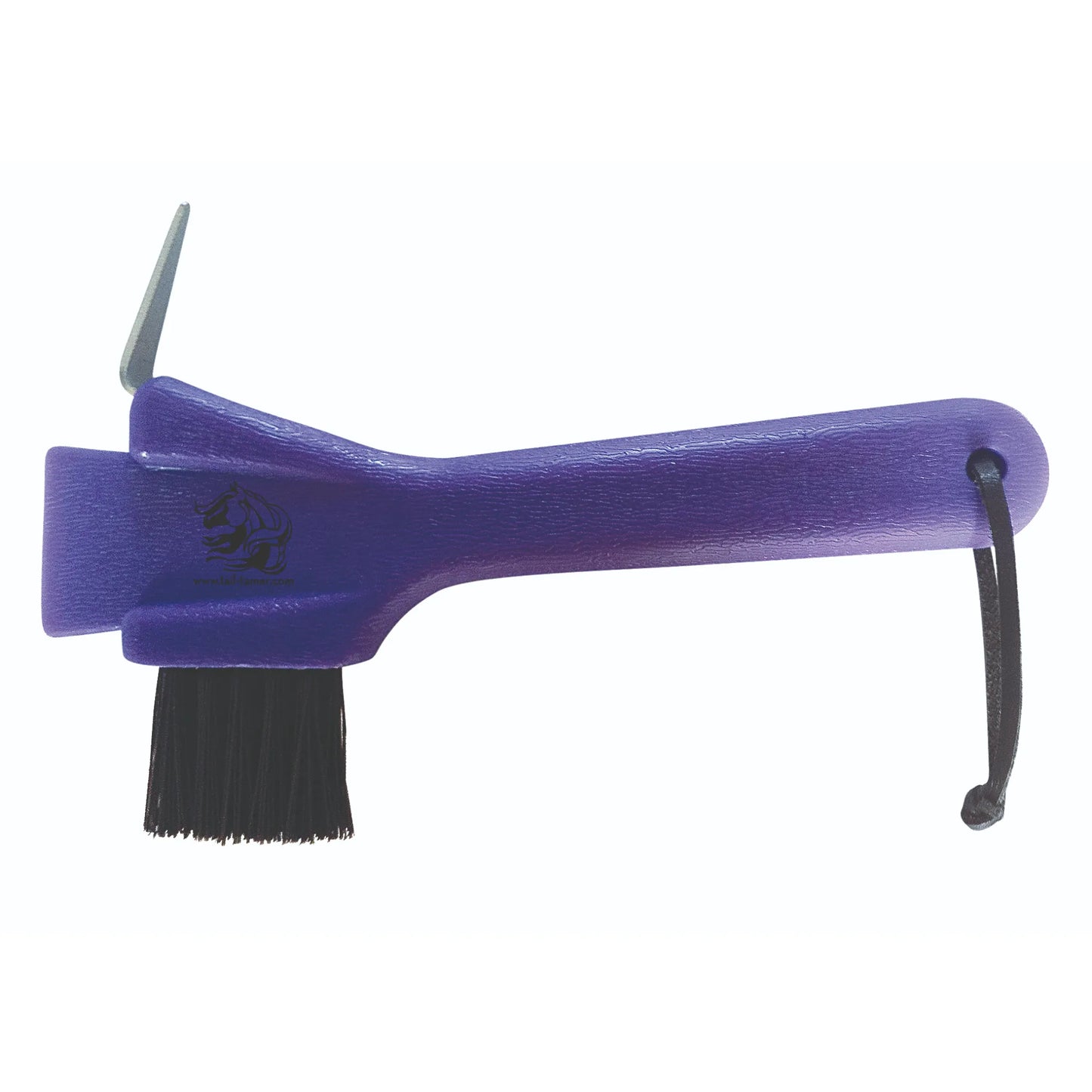 Professionals Choice Economy Hoof Pick in vibrant purple. This essential equestrian grooming tool features a durable metal pick to remove debris and a stiff black brush to sweep away dirt. Designed with a textured, ergonomic handle for a secure grip and a black wrist strap for easy storage. Perfect for daily horse hoof maintenance, this versatile tool is a must-have for every tack trunk and grooming kit.