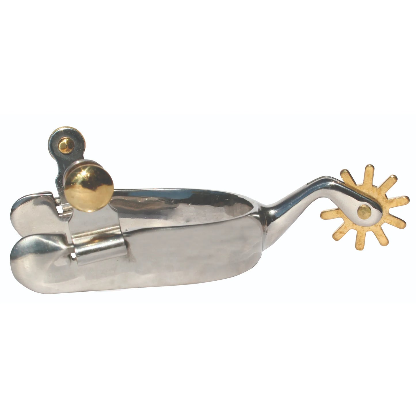 Professional's Choice Western Eq Spur featuring a polished stainless steel heel band and a striking gold star-shaped rowel. This high-quality equestrian gear includes elegant brass-toned spur buttons for secure strap attachment. Designed for precision and style in western riding, these durable spurs are essential for performance horse training, trail riding, and western show competitions. Elegant and functional tack for serious horse riders.