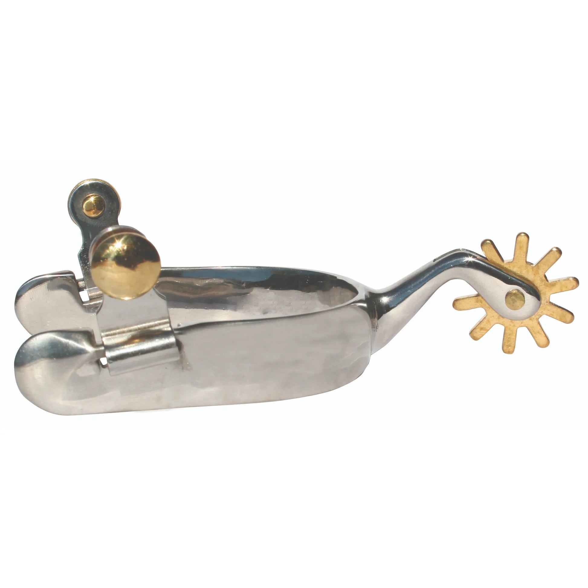 Professional's Choice Western Eq Spur featuring a polished stainless steel heel band and a striking gold star-shaped rowel. This high-quality equestrian gear includes elegant brass-toned spur buttons for secure strap attachment. Designed for precision and style in western riding, these durable spurs are essential for performance horse training, trail riding, and western show competitions. Elegant and functional tack for serious horse riders.