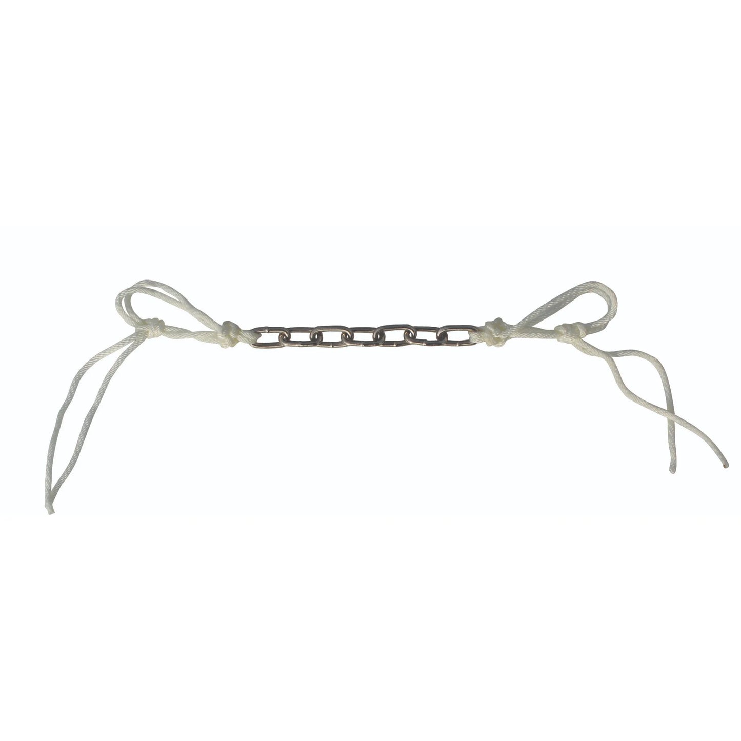 Professional's Choice Equine Curb Strap featuring a durable silver metal chain center with white braided nylon cord ends. This adjustable horse curb strap improves communication and control when using a curb bit. The flat chain provides precise pressure, while the soft nylon strings allow for a custom fit. High-quality western horse tack for effective bit action, ideal for riders looking to enhance horse control and training results.