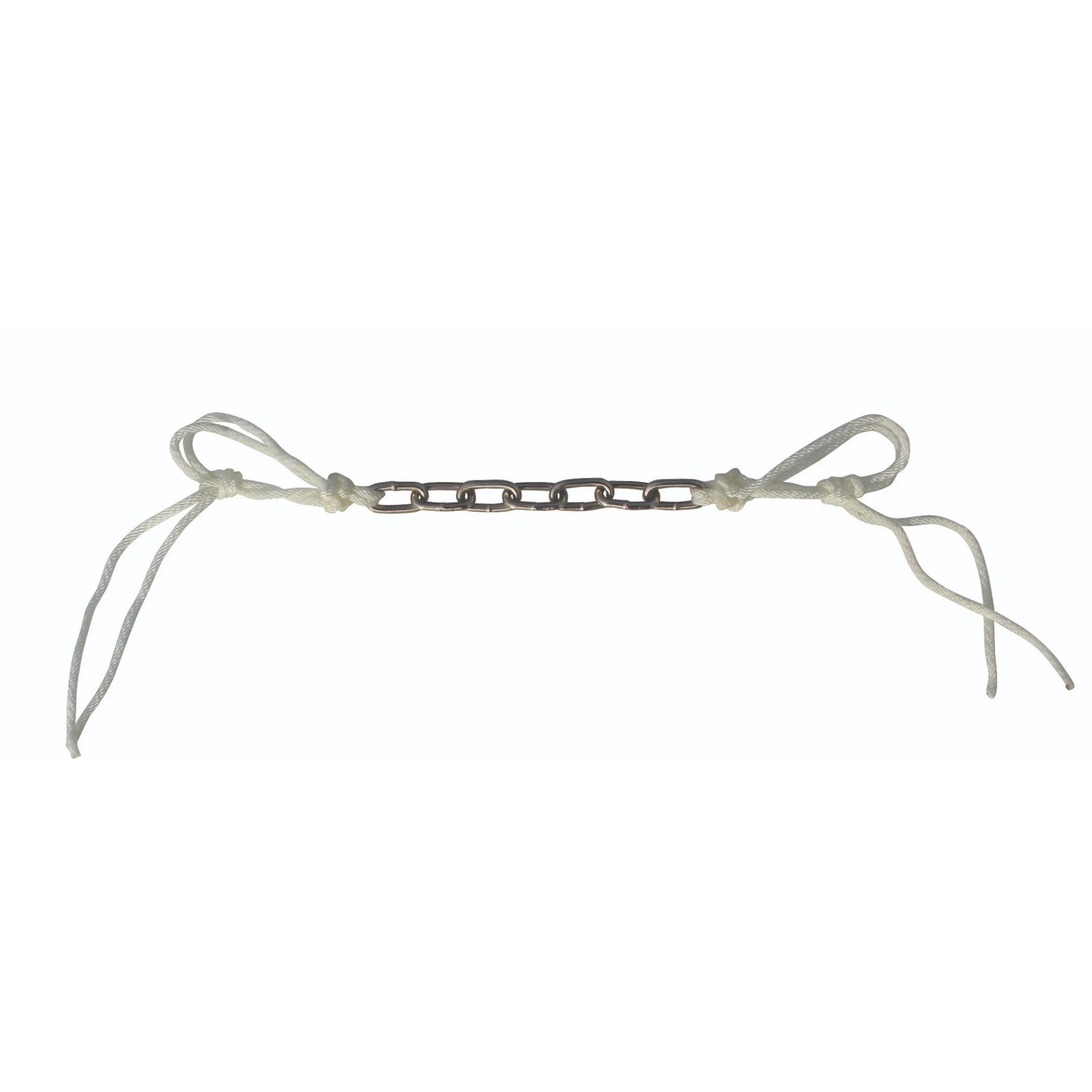 Professional's Choice Equine Curb Strap featuring a durable silver metal chain center with white braided nylon cord ends. This adjustable horse curb strap improves communication and control when using a curb bit. The flat chain provides precise pressure, while the soft nylon strings allow for a custom fit. High-quality western horse tack for effective bit action, ideal for riders looking to enhance horse control and training results.