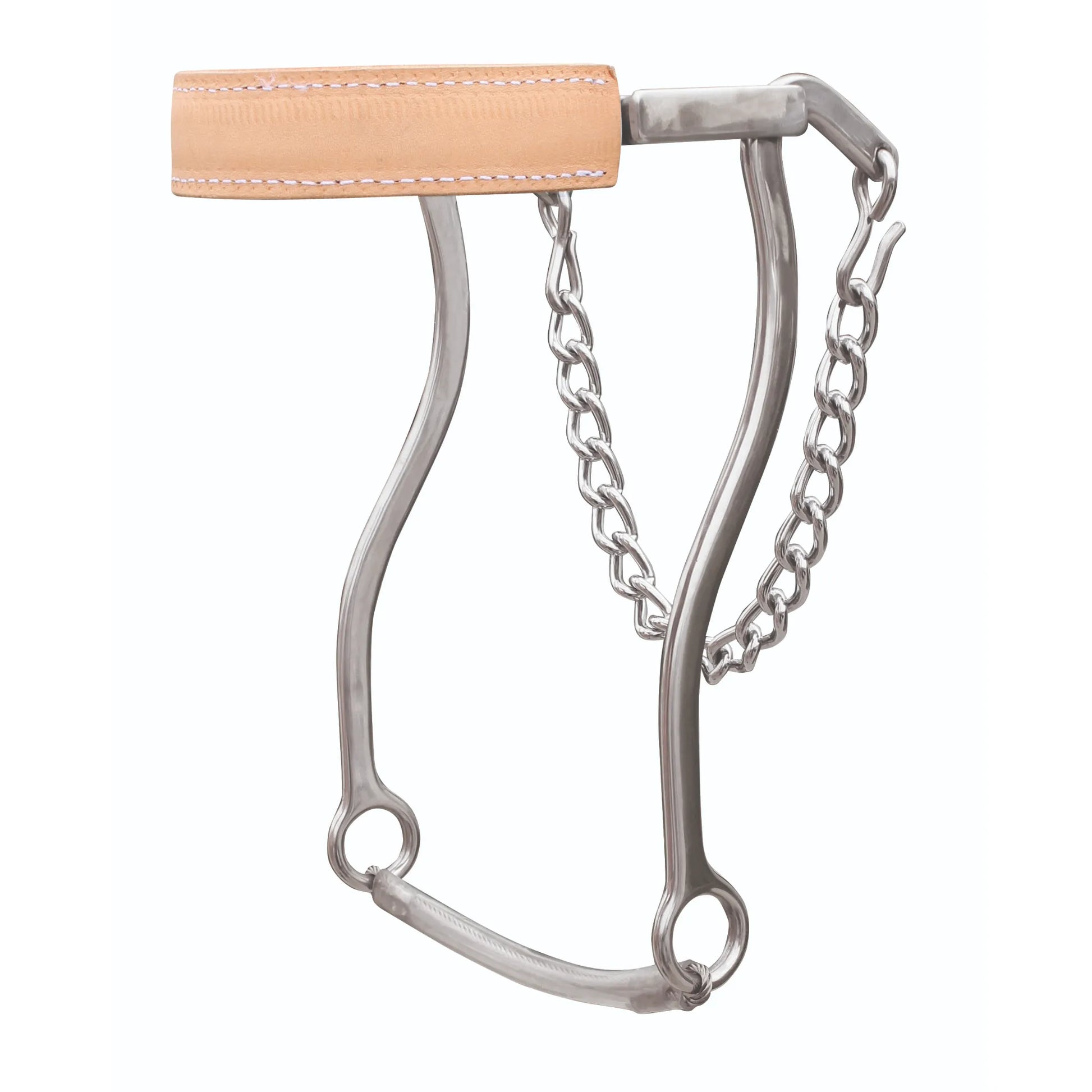Professionals Choice Equisential Hackamore featuring a natural tan leather-covered noseband and sleek stainless steel S-shaped shanks. Designed for refined communication and control, this bitless horse tack includes a durable curb chain and a connecting bottom bar for stability. High-quality western horse equipment ideal for training and sensitive horses, providing balanced pressure and professional-grade performance.