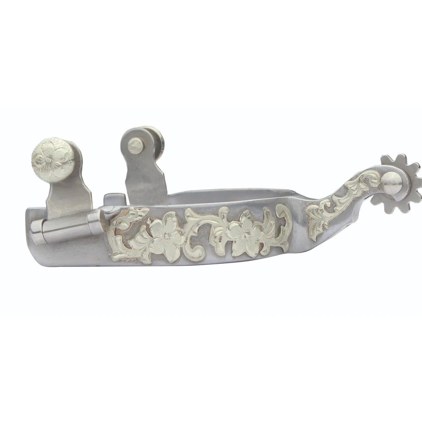 Professional's Choice floral shank spurs featuring intricate silver floral engravings on a polished metal frame. These elegant western riding spurs include a multi-point rowel and sturdy buttons for secure strap attachment. Ideal for precision horse communication, these decorative equestrian accessories combine classic cowboy style with high-quality performance for competitive showing or daily trail riding.