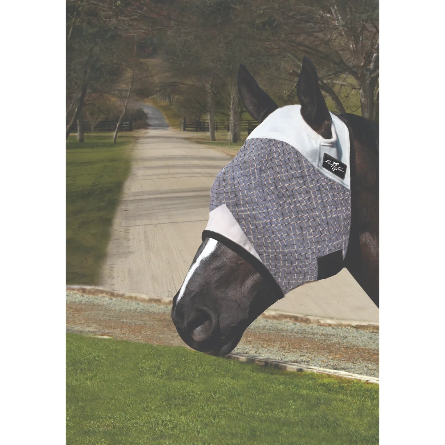 Professional's Choice Fly Mask with Ears featuring grey patterned mesh eye covers and breathable white fabric. This ultimate fly protection mask for horses blocks insects and harmful UV rays while maintaining visibility. Durable and comfortable for all-day pasture turnout, this mask is an essential piece of horse fly gear for effective pest control. Stylish design with a secure fit, ideal for horse owners seeking high-quality equine protection.