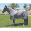 Professional's Choice Fly Neck Cover in silver mesh with black trim, shown on a bay horse with a matching fly sheet and fly boots. This full-coverage equine fly protection set shields against biting insects and harmful UV rays during summer turnout. The breathable, lightweight mesh design ensures maximum comfort and durability for your horse. Perfect for comprehensive protection from the neck to the legs while maintaining airflow in hot weather.