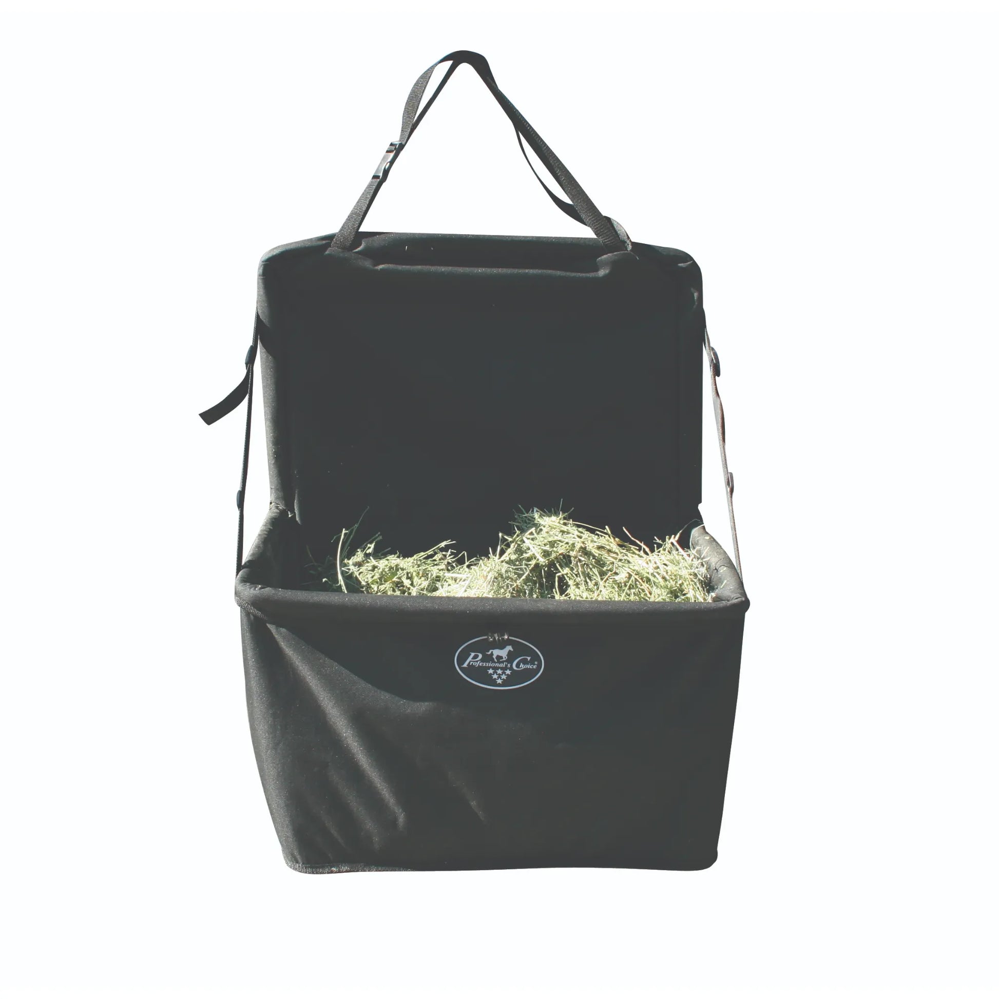 Professional’s Choice Folding Combo Feeder in black, filled with fresh hay. This portable equestrian hay bag features an adjustable top strap for easy hanging in horse trailers or stalls. Its durable, space-saving design makes it a top choice for travel and daily barn use. A convenient top-loading feeder with a sleek black finish and the white Professional's Choice logo, perfect for keeping forage organized and accessible for your horse.