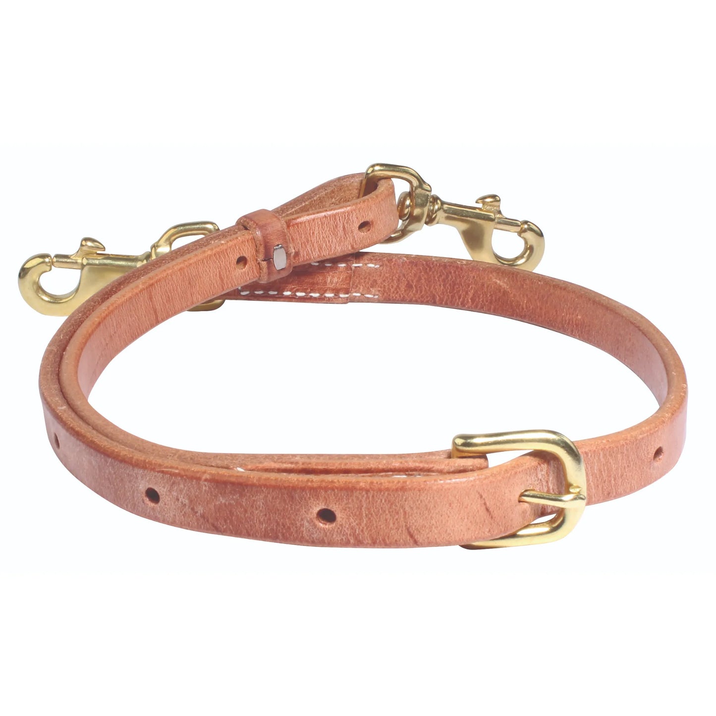 Professional's Choice Harness Leather Tie Down Strap crafted from premium tan leather. This adjustable horse tie-down features classic brass hardware, including a sturdy buckle and two swivel bolt snaps for secure attachment. Durable and functional equestrian tack designed for reliable performance during training and riding. A must-have piece of horse equipment for riders seeking quality and style.
