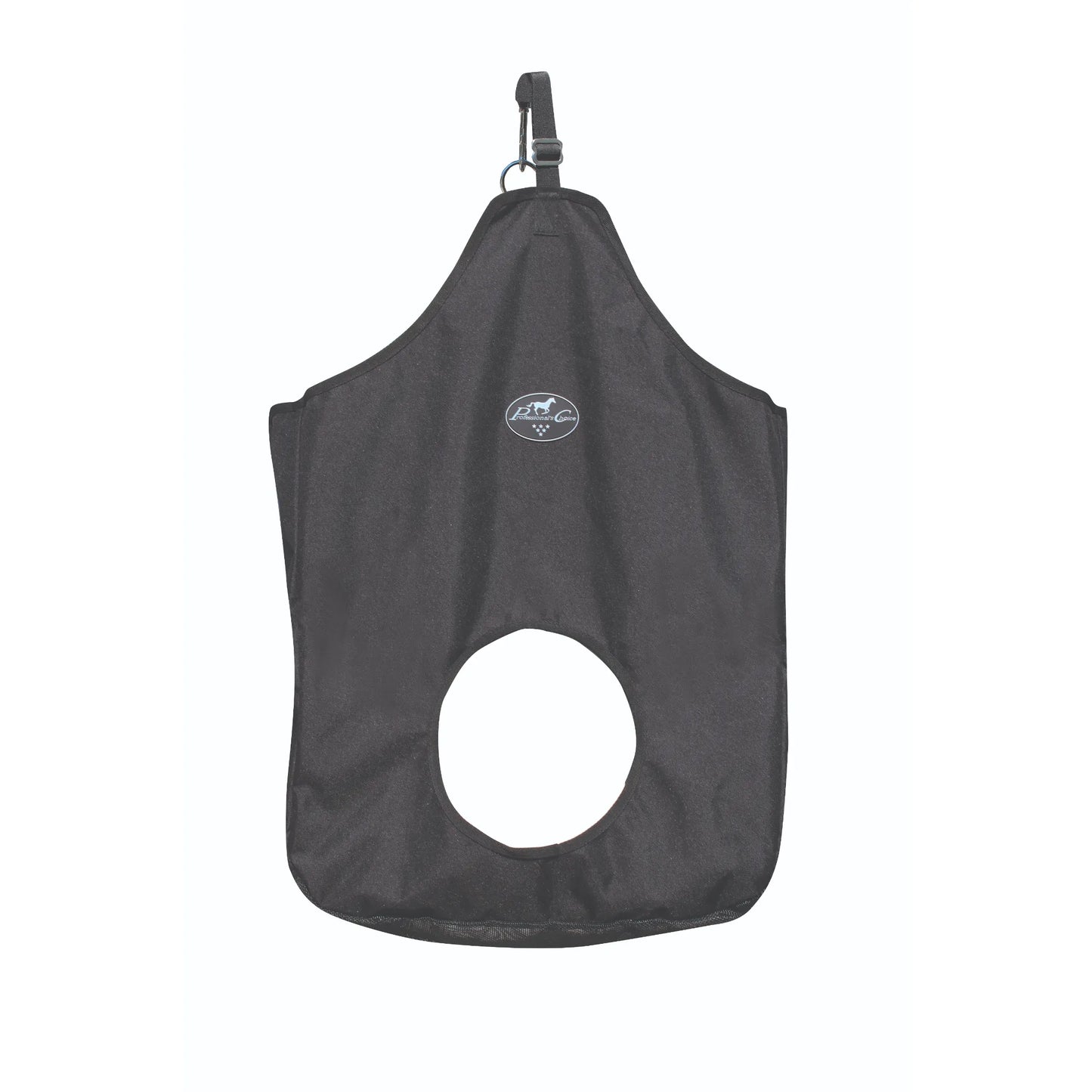 Professional's Choice black hay bag for horses, featuring a durable, heavy-duty design with a central circular feeding hole to reduce waste. This equestrian feeding accessory includes an adjustable hanging strap with a sturdy buckle, making it ideal for use in stalls or horse trailers. The contoured shape and mesh bottom provide ventilation and convenience for horse owners looking for high-quality slow-feeding equipment.